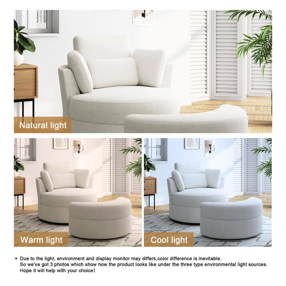 Beige Chenille Upholstered Swivel Accent Barrel Chair with Storage Ottoman and Pillows (Set of 1)