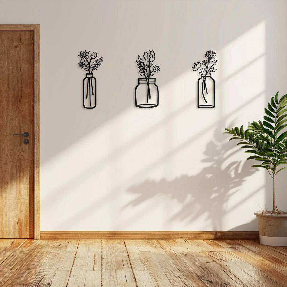 3 Pack 7.2 In. X17 In. Black Metal Work for Living Room Cafe Bookstore, Line Wall Art Decor, Wire Vase Wall Sculptures