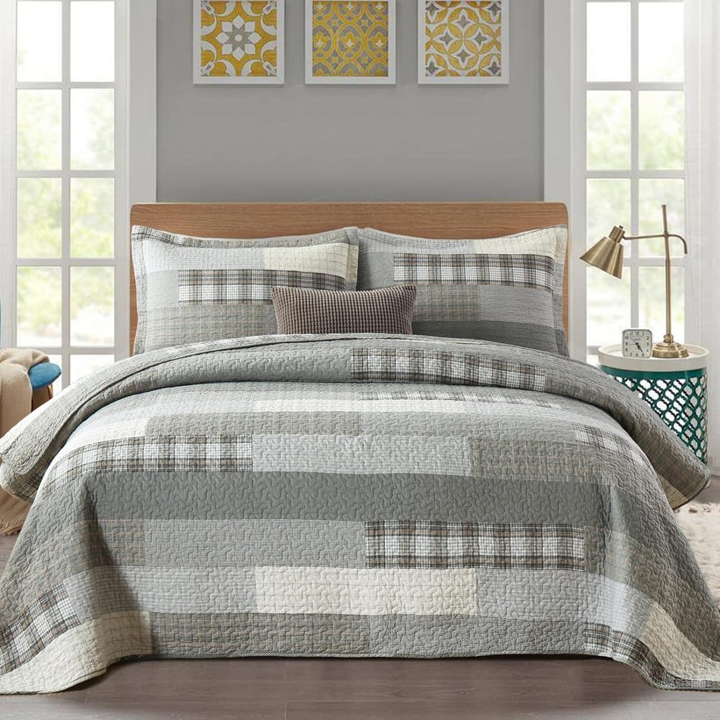 Quilt King Size - 100% Cotton Grey King Quilt Farmhouse Plaid Quilted Bedspread, 3 Pieces Lightweight Reversible King Size Quilt Bedding Set for All Season