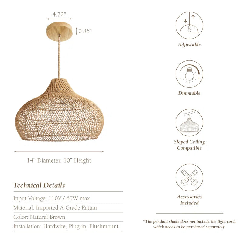 Anjanie 1 - Light Natural Lampshade Pendant – Handwoven Rattan Plug-In or Hardwired Light Fixture for Dining Room, Kitchen, or Bedroom in Japandi Boho Style
