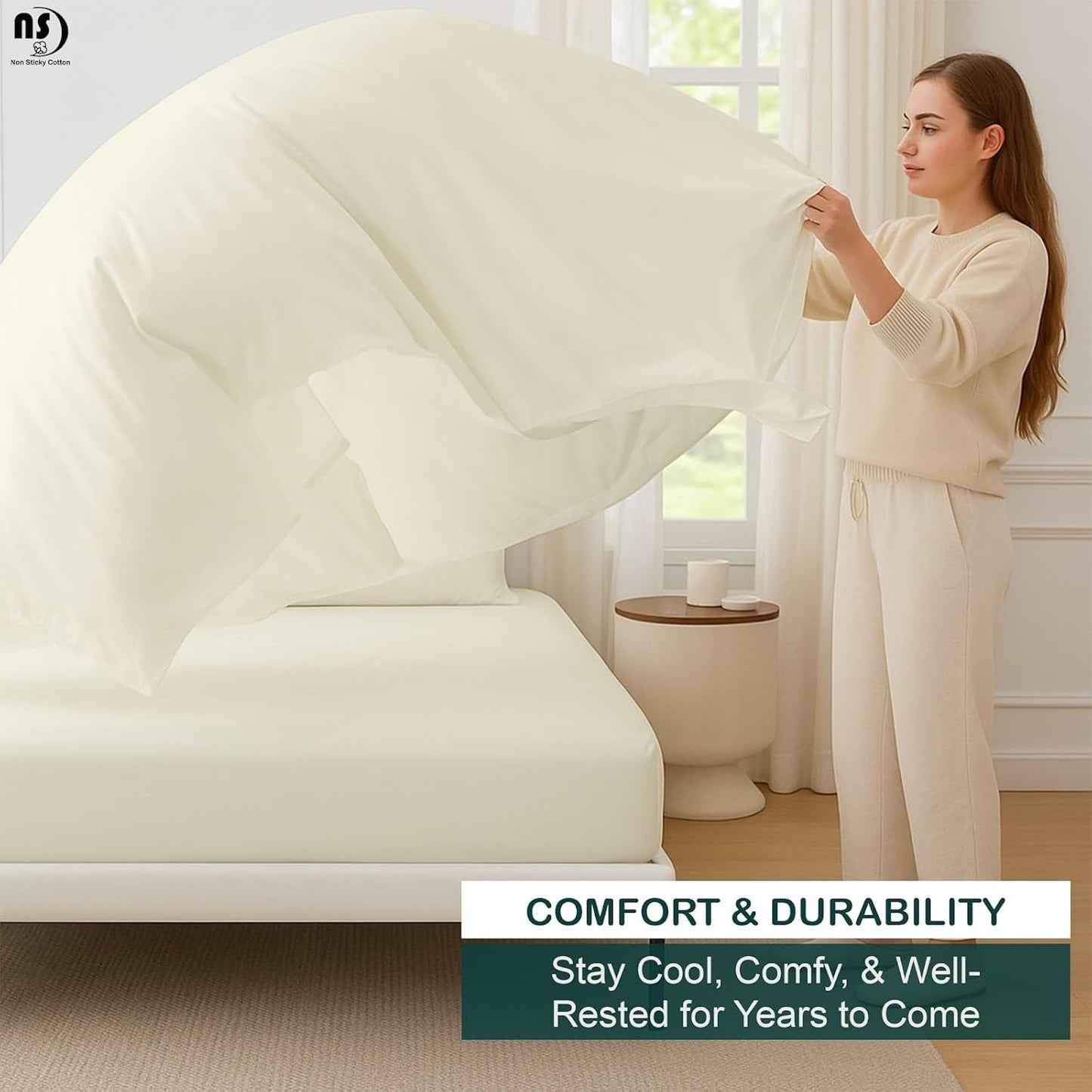 4 Piece Top Split King Sheet Set for Sleep Number Adjustable Bed, 100% Egyptian Cotton Bed Sheets, 34" Flex Head, Fits 18" Deep Mattress, 78" X 80", Ivory Solid
