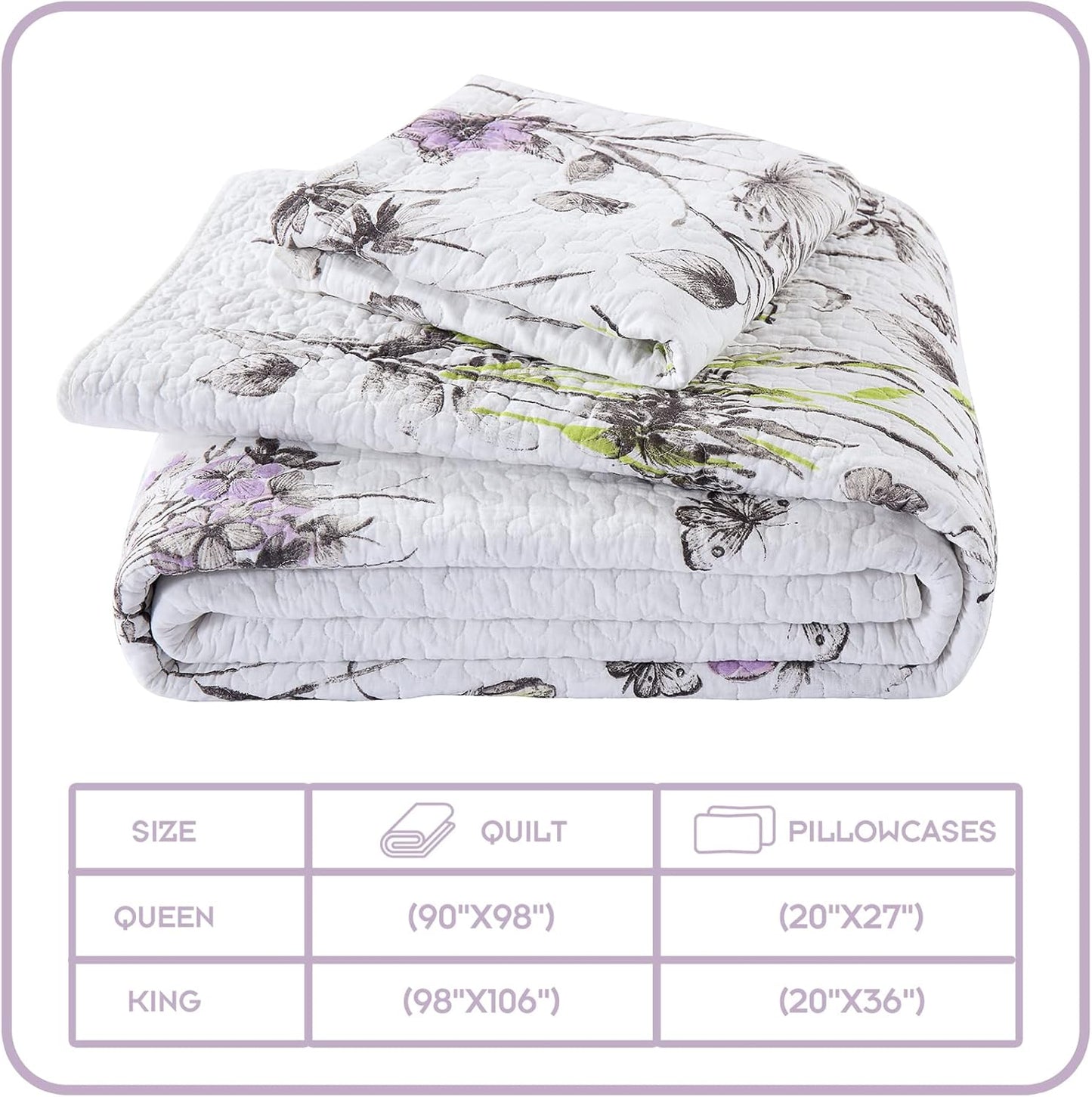 Queen Quilt Floral Bedspread, 100% Cotton Queen Size Quilt, White Purple Floral Quilt Sets Queen, Lightweight Soft Quilt Bedding Set for All Season, 3-Pieces