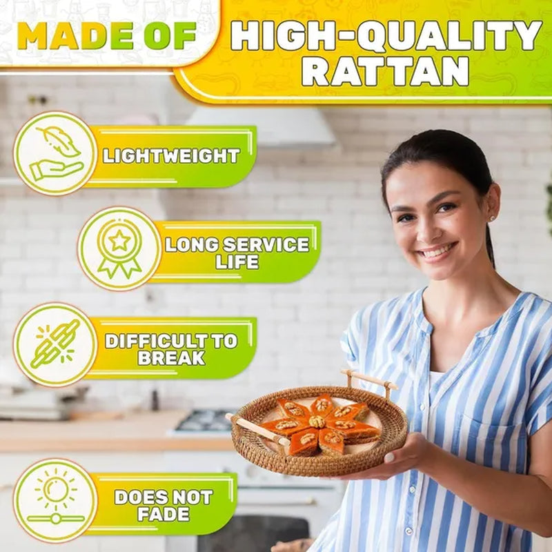 Rattan Tray 8.7 Inch round Woven Serving Basket with Handles Decorative Tray for Coffee Table Bread Fruit Vegetables Restaurant Home Use