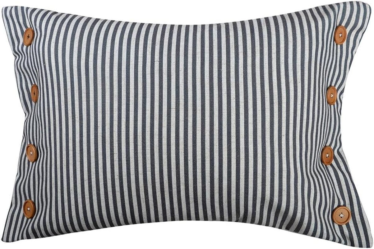 Buttons Decorative Throw Pillow Cover Stripes Pillow Case Farmhouse Cushion Cover for Sofa Couch Bed 16 X 20 Inches Grey