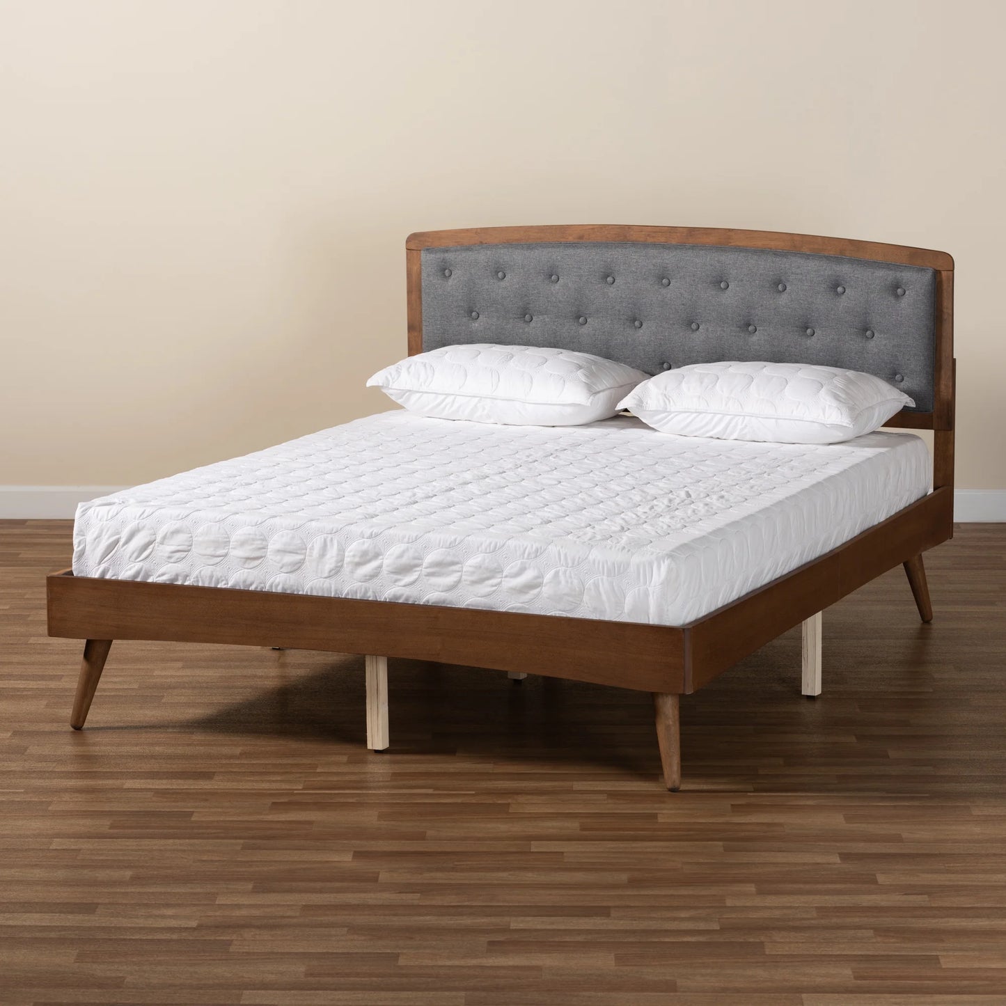 Ratana Mid-Century Modern Transitional Grey Fabric Upholstered and Walnut Brown Finished Wood, Full Size Platform Bed