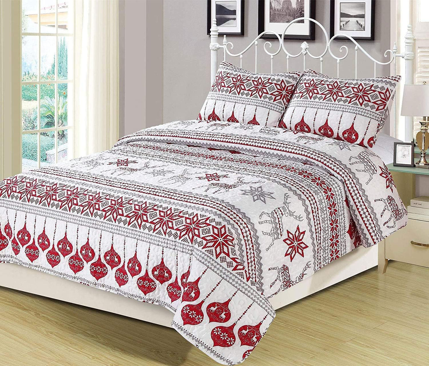 Winter Holiday Full/Queen Lightweight Quilt Bedding Set Fair Isle Red Grey White Christmas Ornament Reindeer