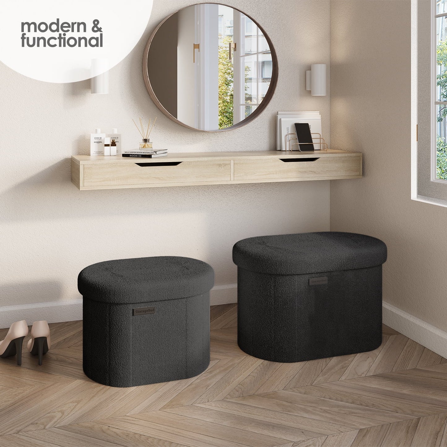 Oval Storage Ottoman Bench, Boucle 16" Ottoman with Storage , Black