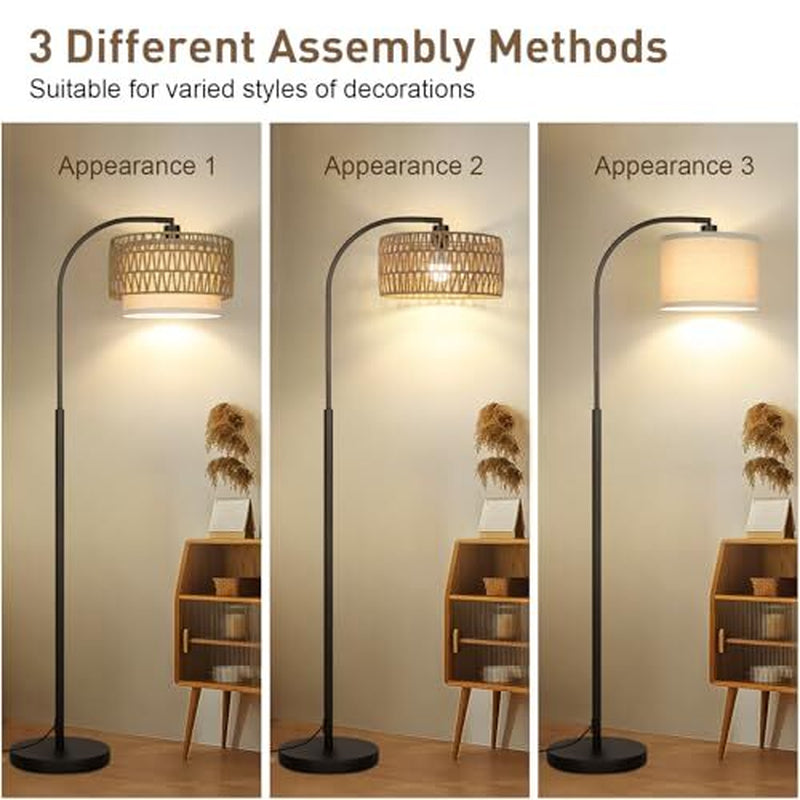 Arc Floor Lamp Black, Boho Floor Lamps for Living Room, Black with Rattan Shade