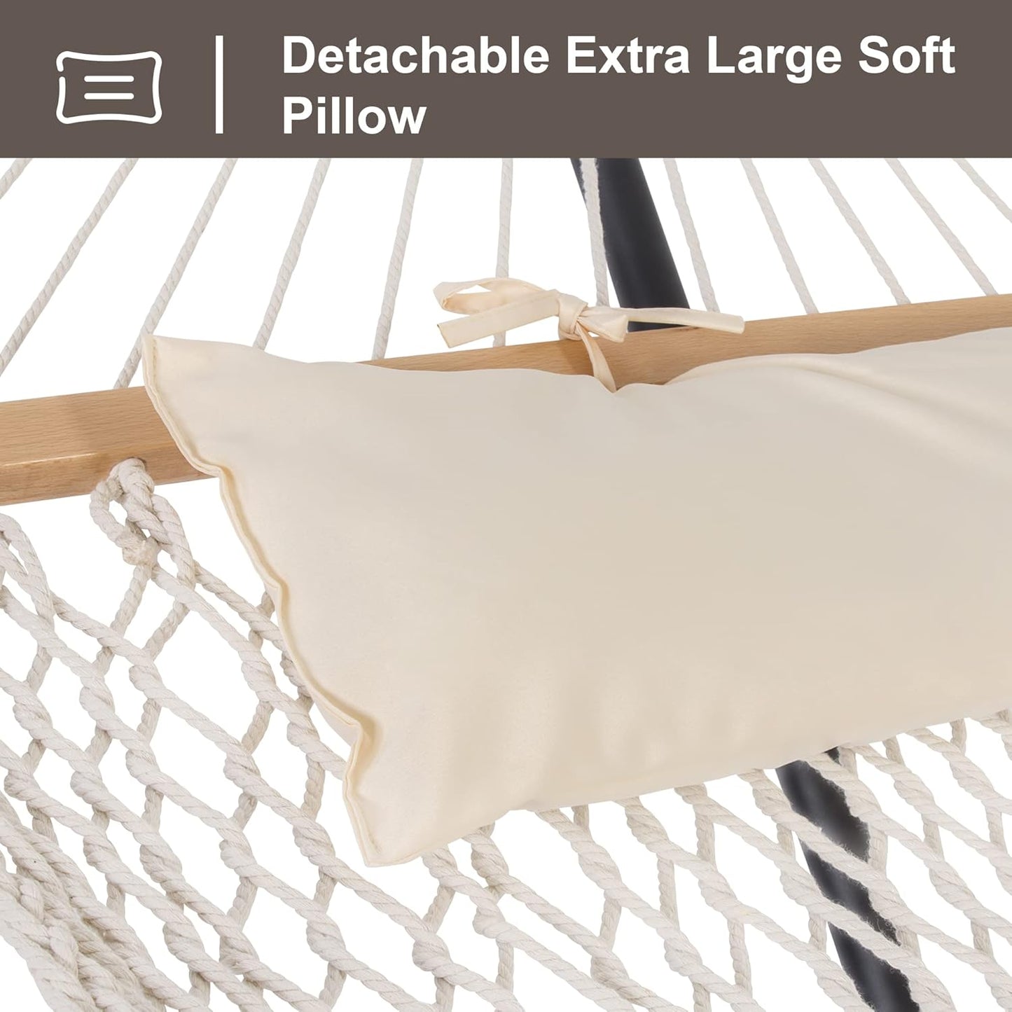 Double Outdoor Hammock with Stand Included, Portable Cotton Rope 2 Person Hammock for Outdoor, Patio, Garden, Backyard, Beige