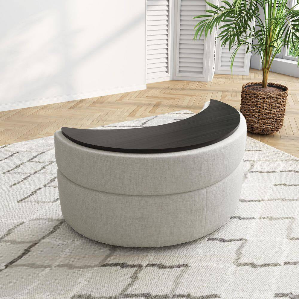 Modern Beige Chenille Half Crescent Moon Storage Ottoman (Set of 1)