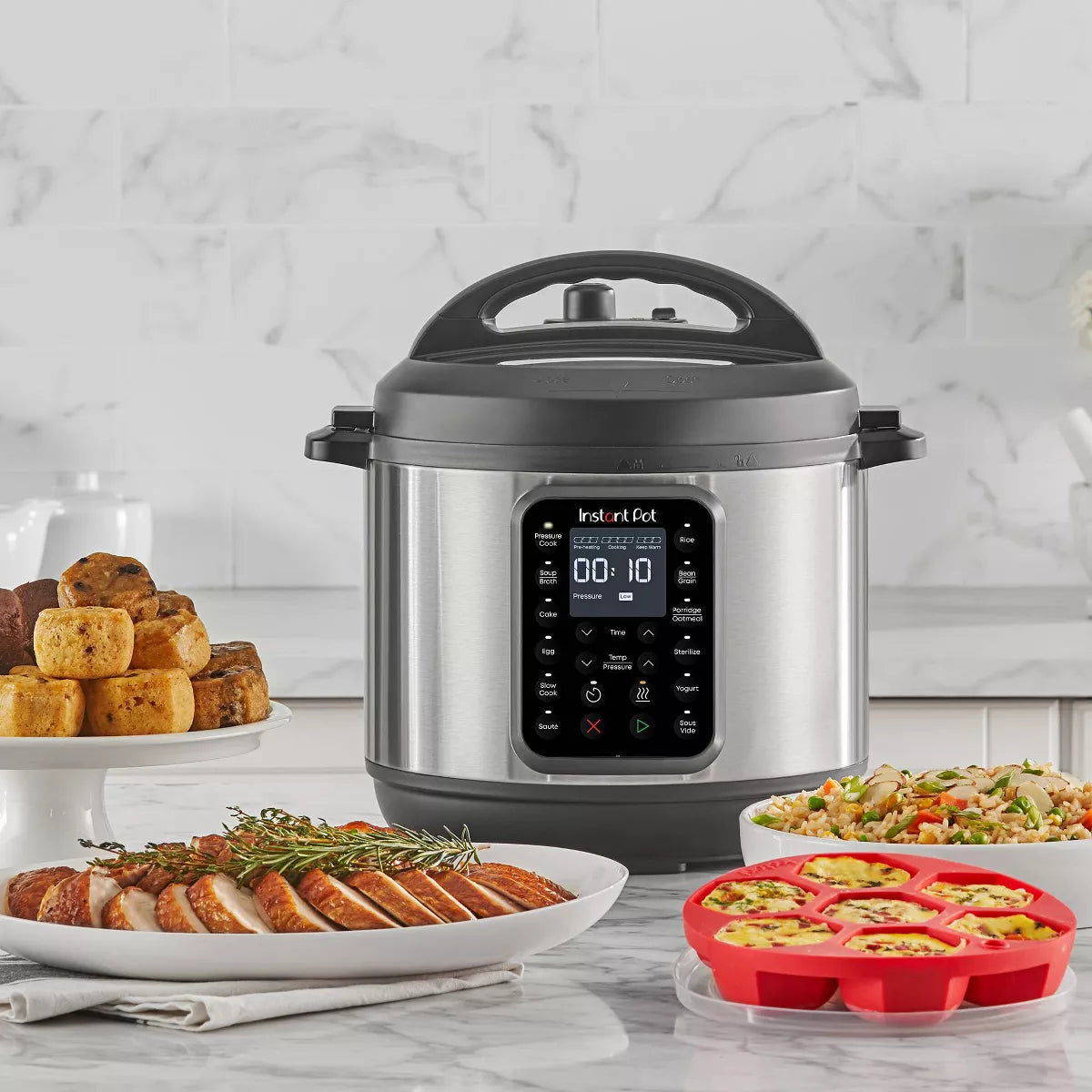 Instant Pot 6Qt 9-In-1 Pressure Cooker Bundle: Exclusive Bonus Silicone Pan with Lid, Rice & Multi Cooker, Stainless Steel