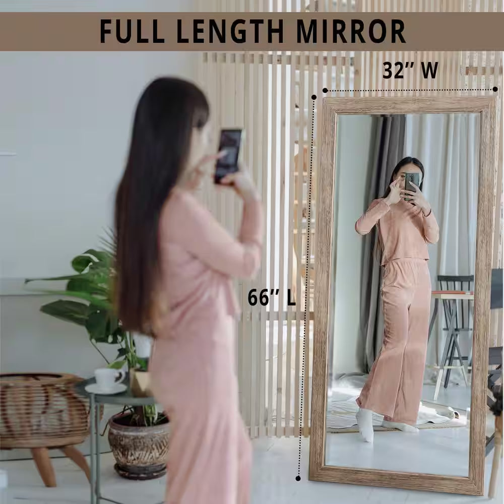 Rustic Floor Mirror, Framed Full Length Mirror Farmhouse Floor Mirror Faux Wood Hanging Wall Mirror 66" X 32", Natural