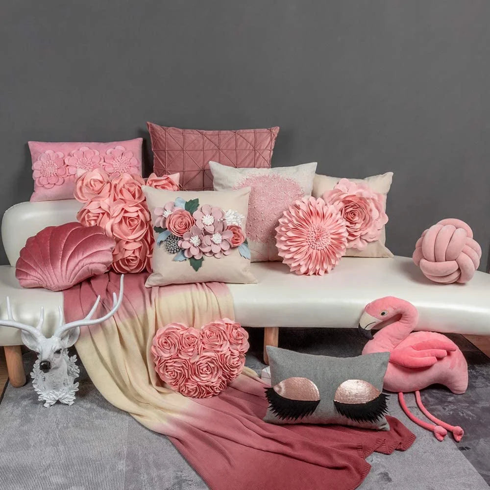 3D Decorative Solid Cotton Suede Pink Flower Throw Pillow Covers Accent Pillow Case 18X18Inch