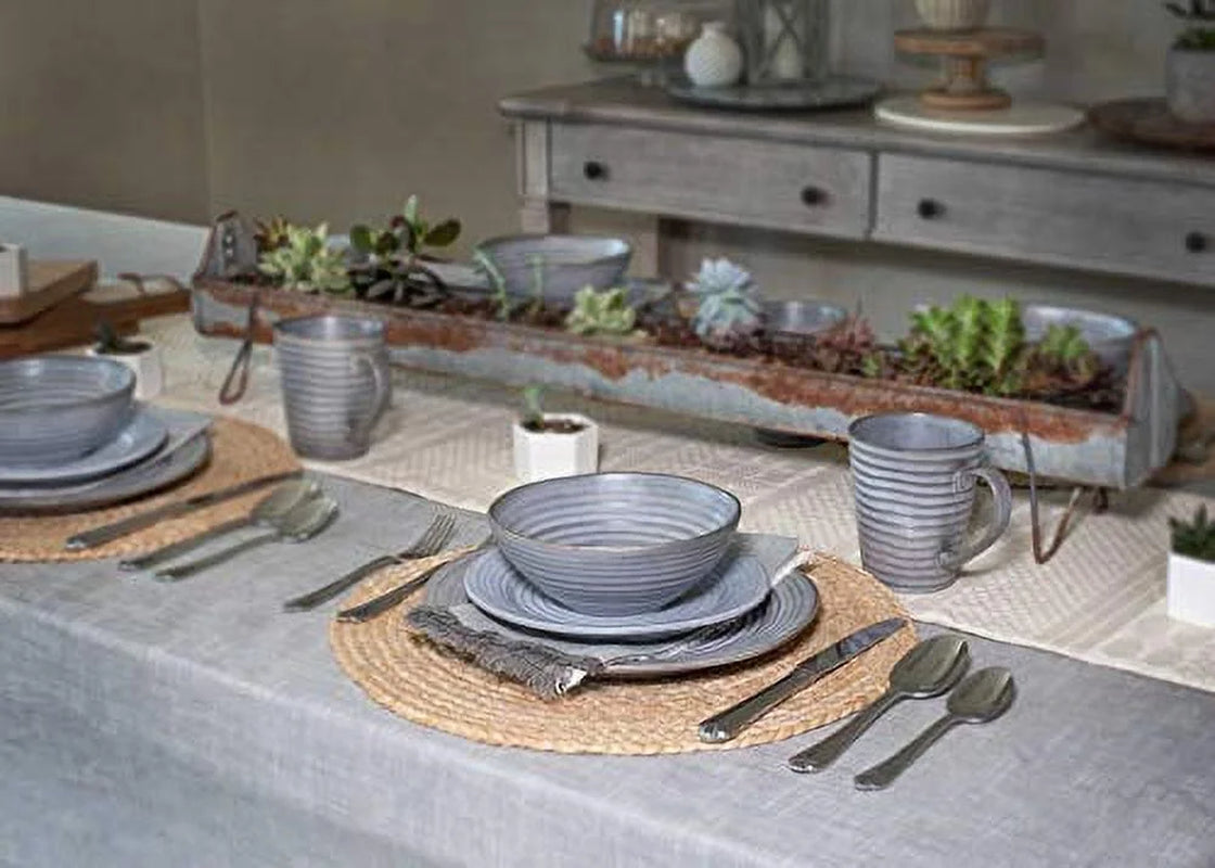Modern Chic Ribbed Ceramic Stoneware Dinnerware 16 Piece Set - Service for 4, Slate Grey