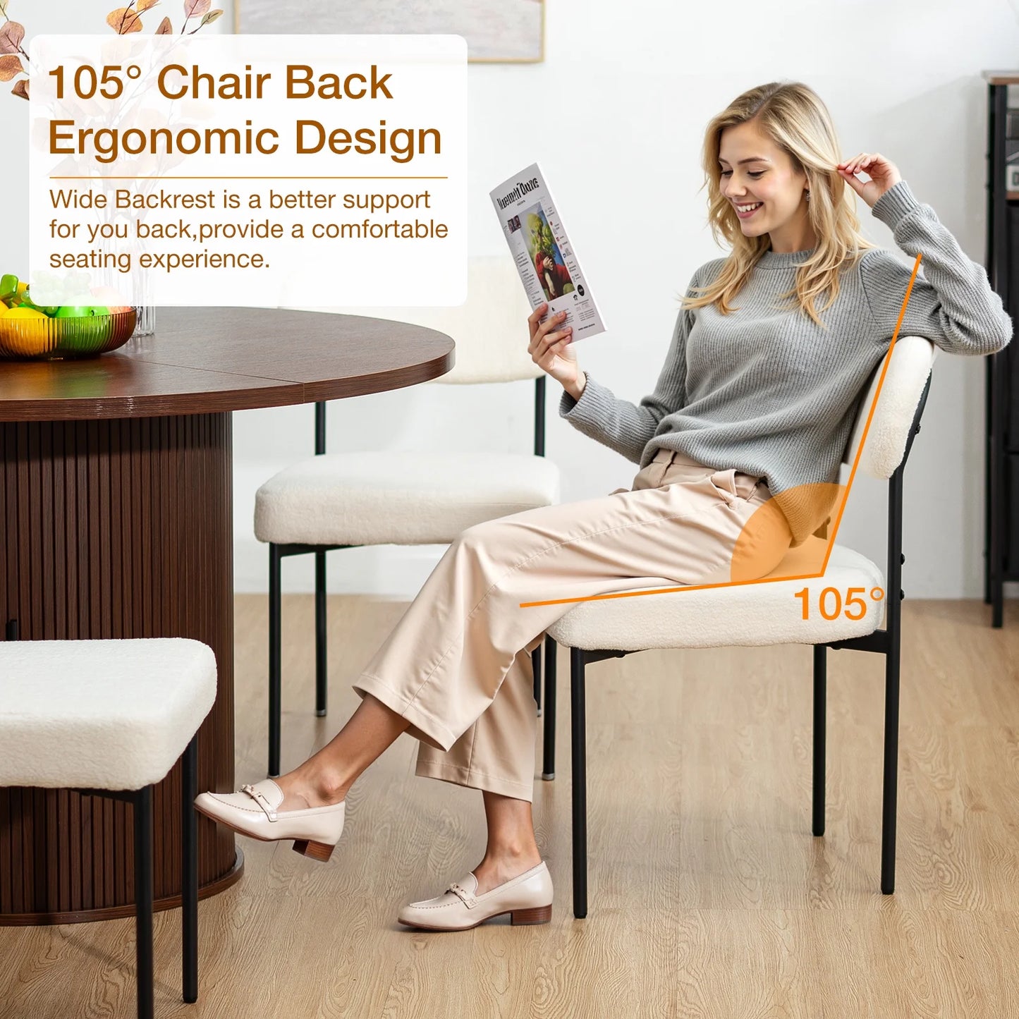 Boucle Dining Chairs Set of 4 Modern Upholstered Kitchen Dining Room Chairs with Backrest & Metal Legs Accent Side Chairs White for Dining Kitchen Living Room Bedroom