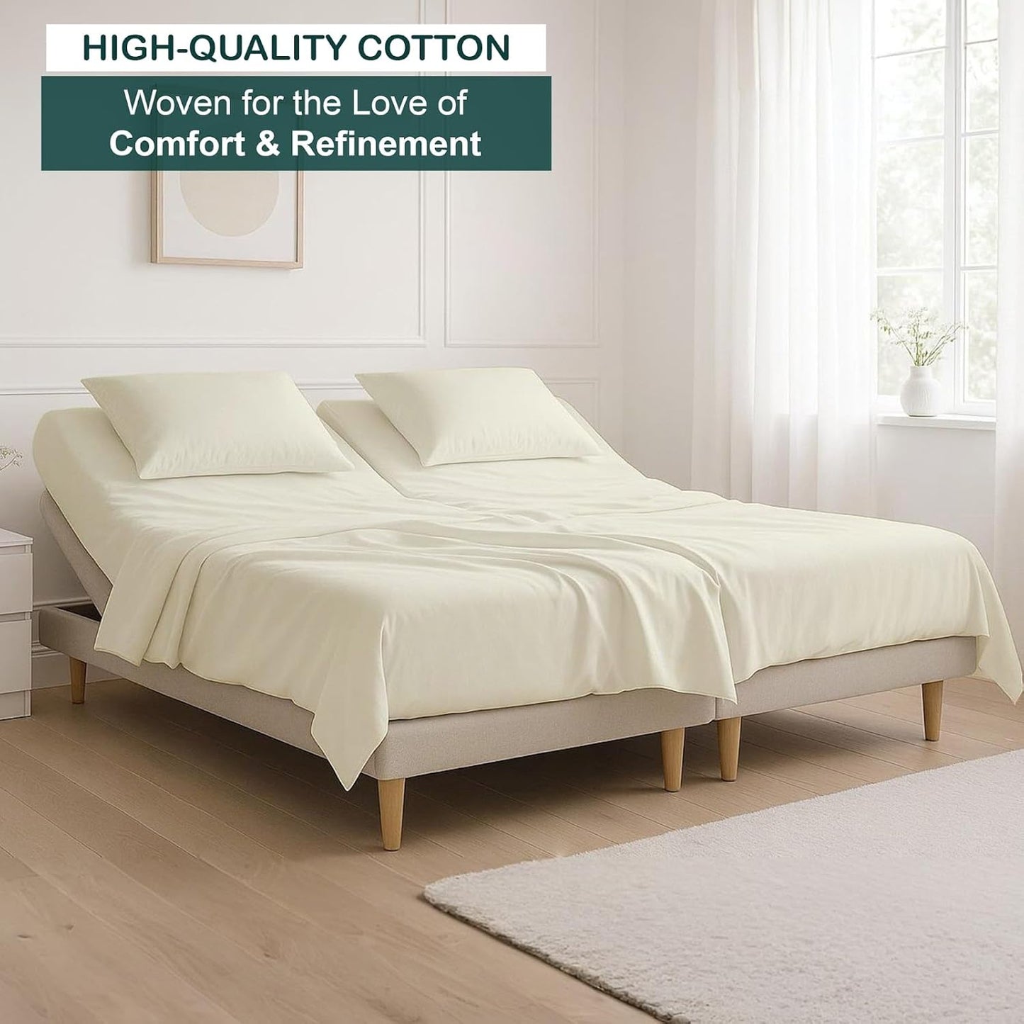 4 Piece Top Split King Sheet Set for Sleep Number Adjustable Bed, 100% Egyptian Cotton Bed Sheets, 34" Flex Head, Fits 18" Deep Mattress, 78" X 80", Ivory Solid