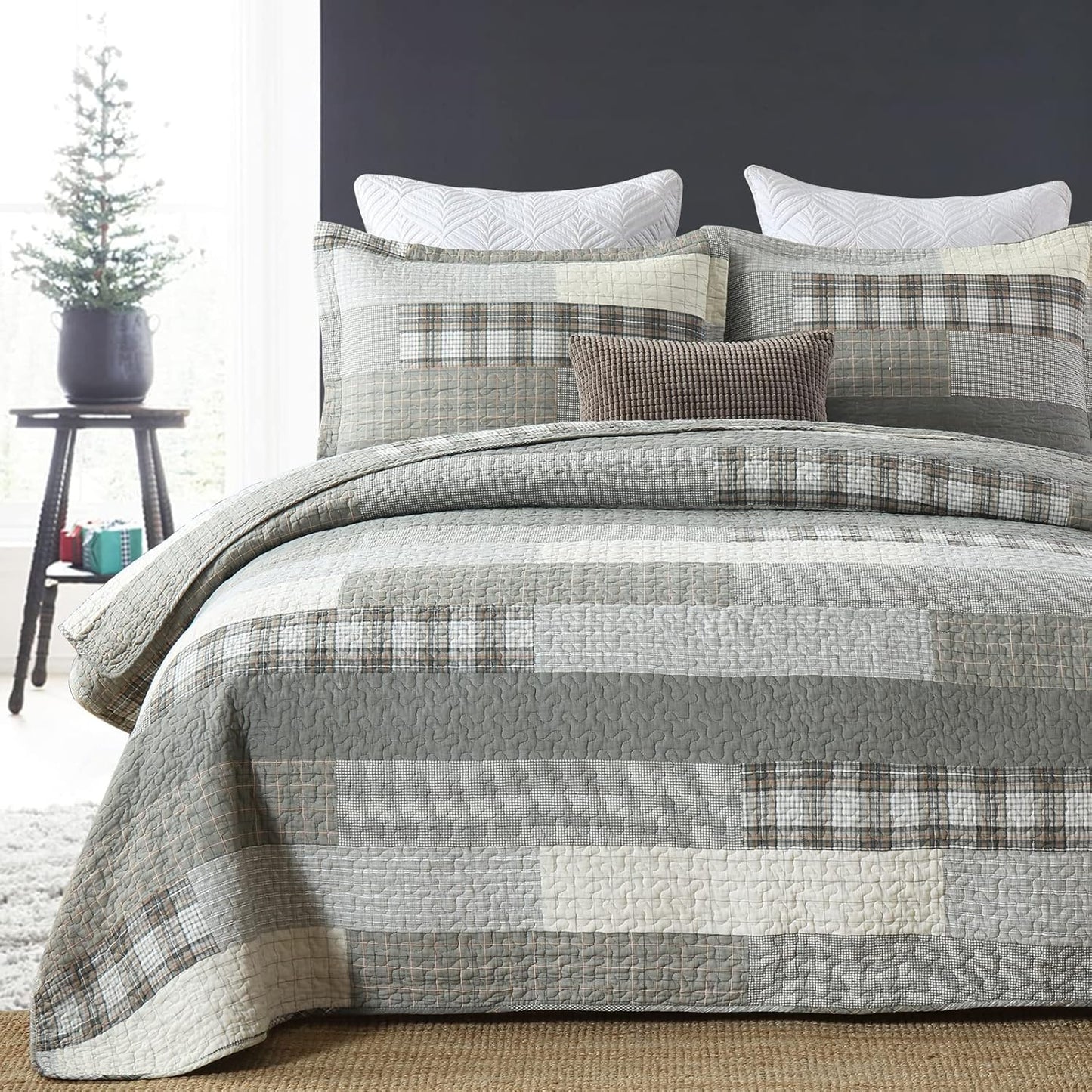 Quilt King Size - 100% Cotton Grey King Quilt Farmhouse Plaid Quilted Bedspread, 3 Pieces Lightweight Reversible King Size Quilt Bedding Set for All Season