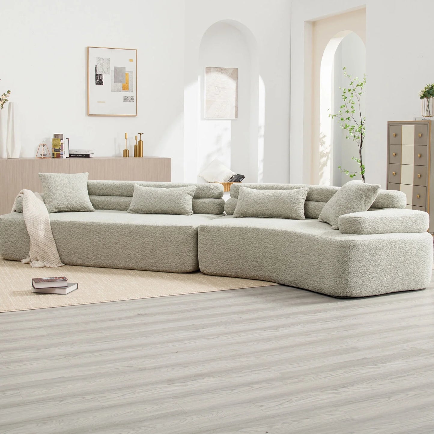 139" Modular Sectional Sofa Couch, Comfy Boucle Upholstered Deep Seat Cloud Couch with Convertible Chaise, Modern Minimalist Sleeper Sofa Set for Living Room, Office, Green
