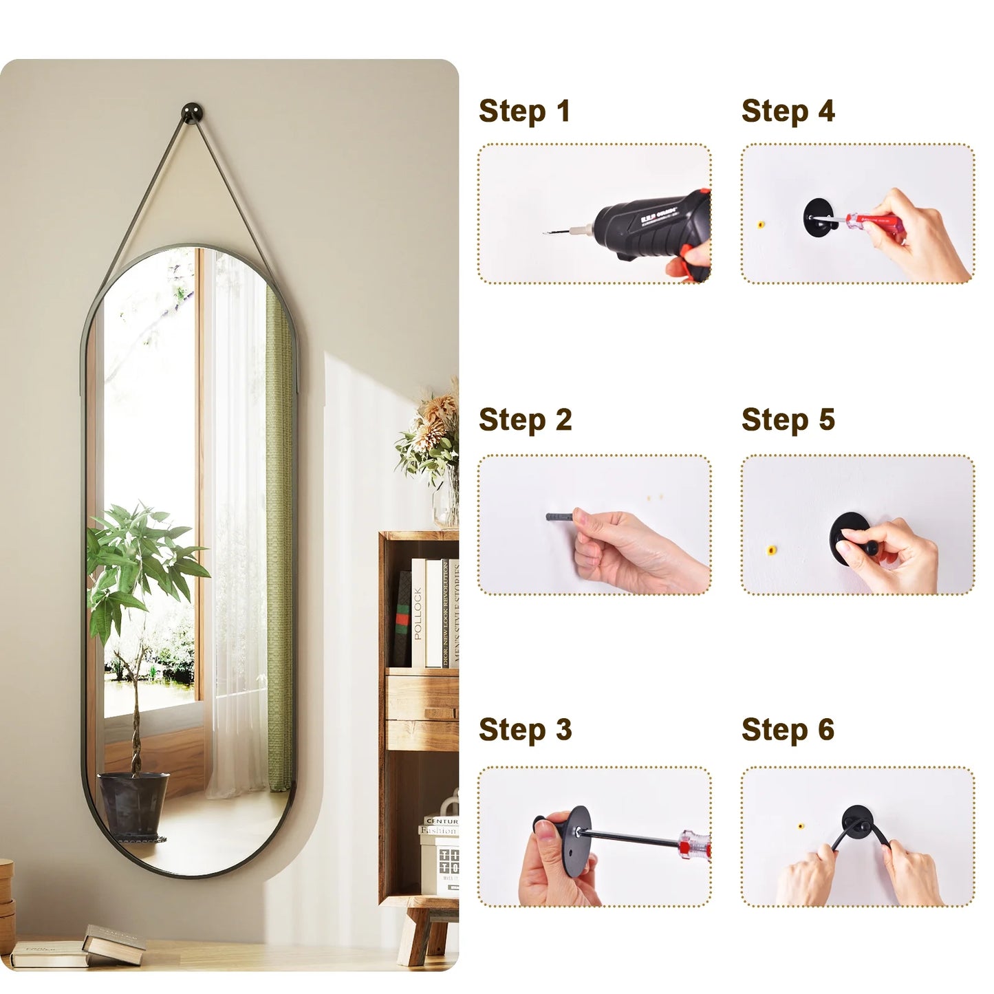 48" X 16" Full Length Mirror Oval Hanging Wall Mirror with Leather Strap,Black