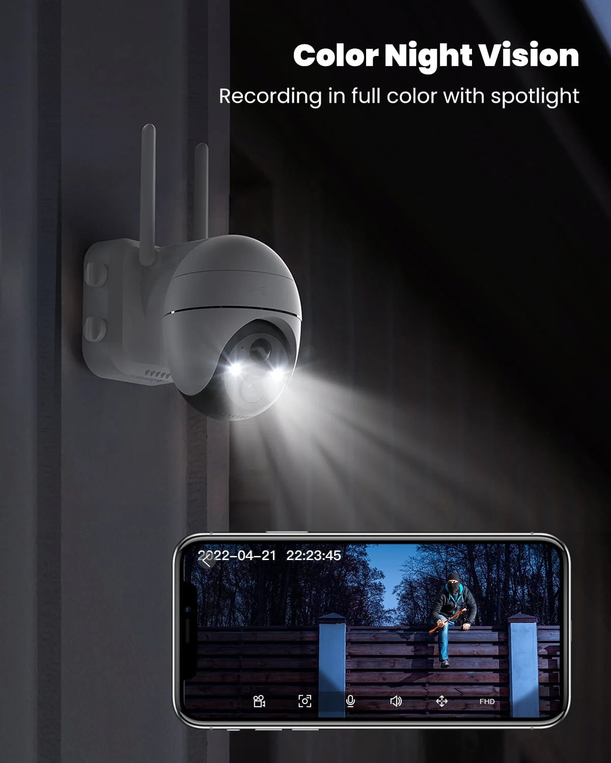 360° View PTZ Solar Security Cameras Wireless Wifi Outdoor, Spotlight 2K/3MP, Color Night Vision, PIR Motion Detection, Solar Outdoor Home Surveillance Camera, Work with Alexa