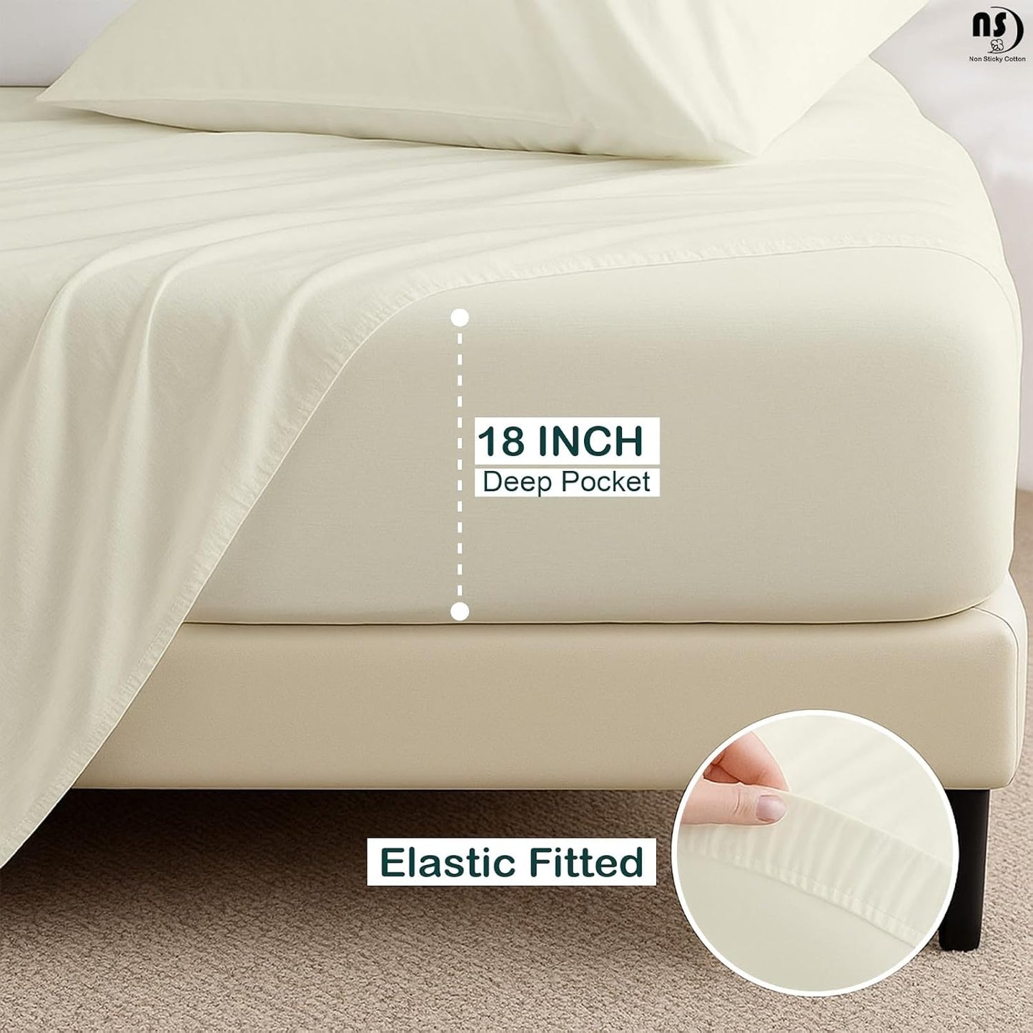 4 Piece Top Split King Sheet Set for Sleep Number Adjustable Bed, 100% Egyptian Cotton Bed Sheets, 34" Flex Head, Fits 18" Deep Mattress, 78" X 80", Ivory Solid