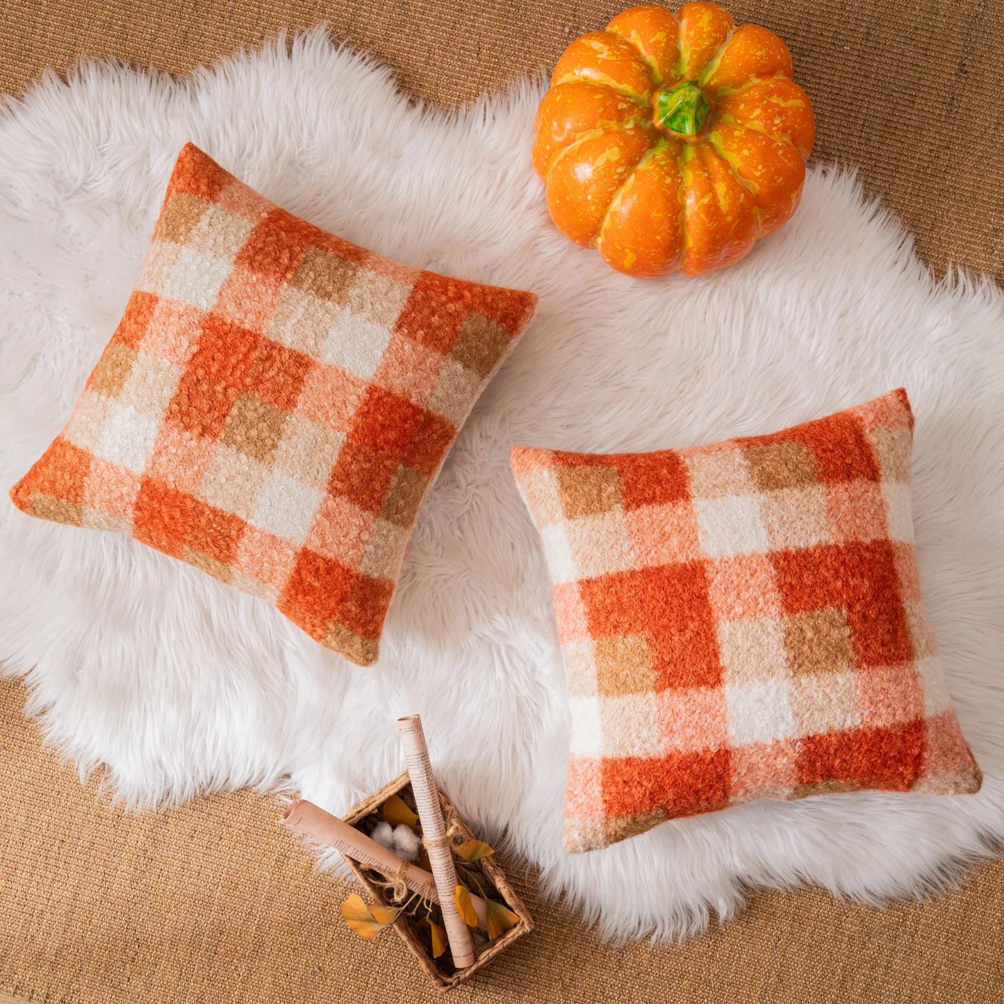 Orange Plaid Fall Throw Pillow Covers Set of 2, Boucle Decorative Pillow Covers,Cozy Fluffy Home Living Room Farmhouse Decor for Sofa Couch Bed