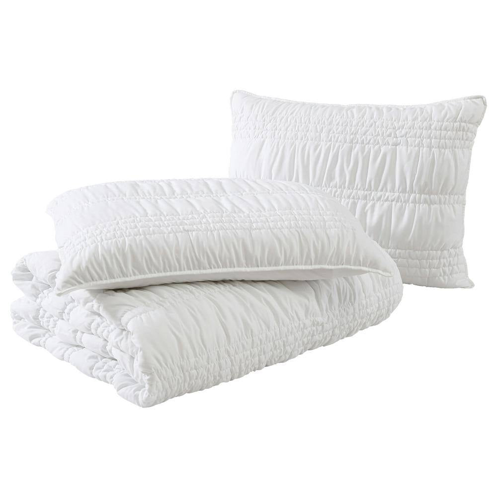 Scrunch Stripe 2-Piece White Microfiber Twin Quilt Set