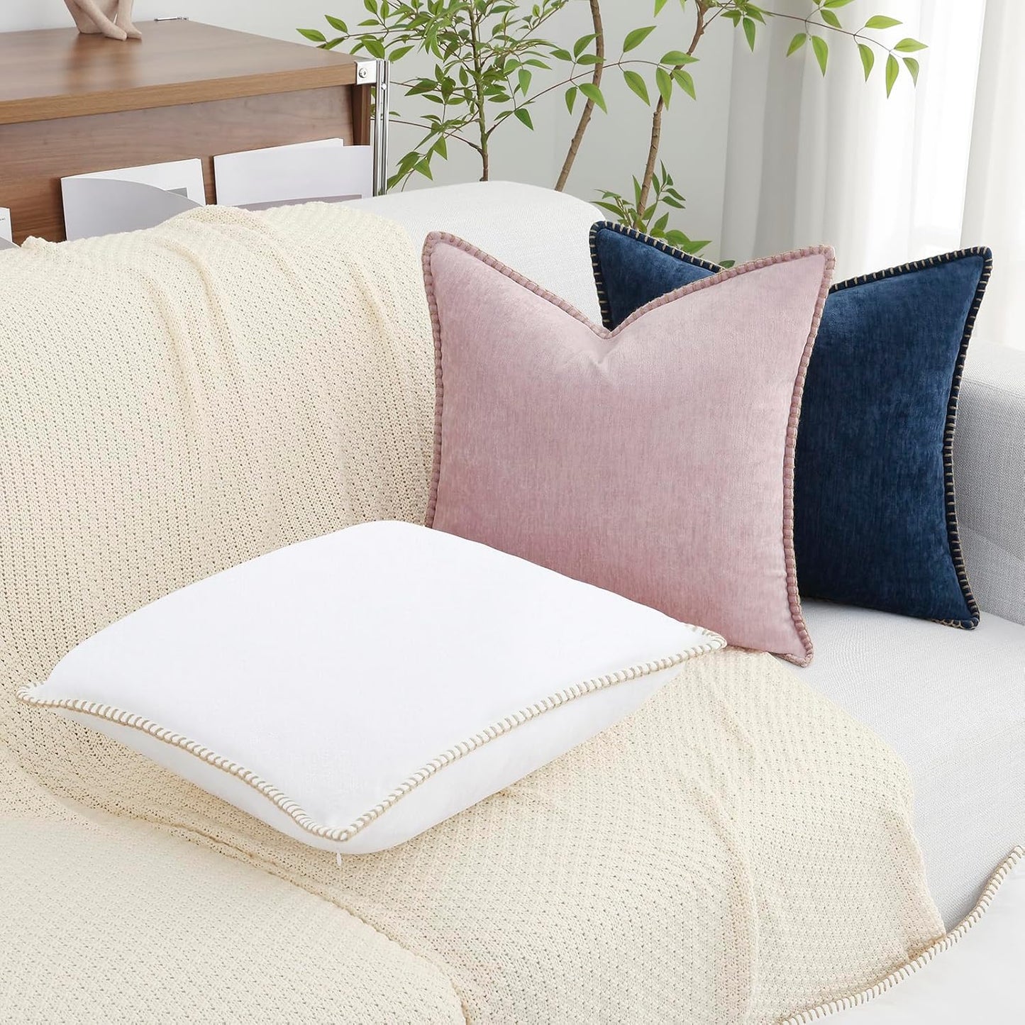 Chenille Soft Throw Pillow Covers 26X26 Set of 2, Farmhouse Velvet Neutral Decorative Euro Pillow Covers with Stitched Edge for Couch Sofa Bed Home Decor, White