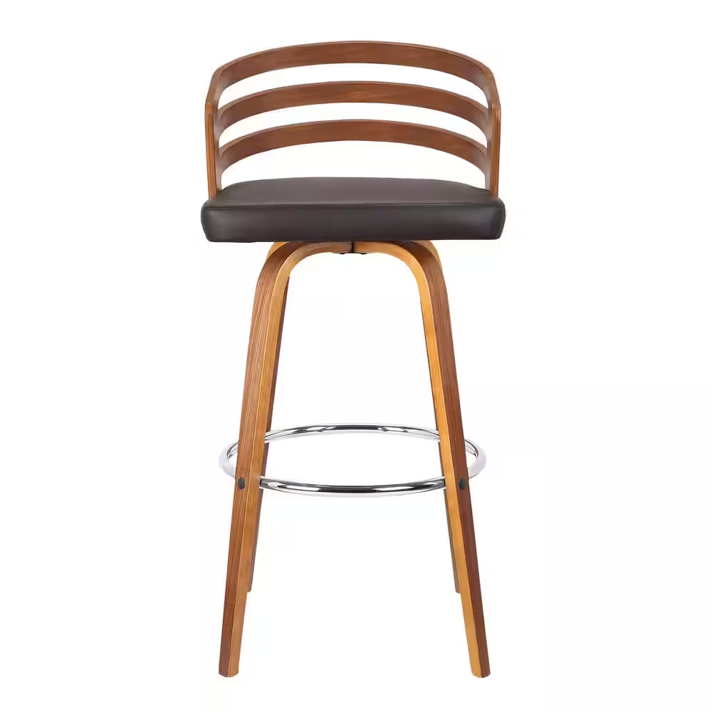 Jayden 26 In. Brown Faux Leather with Walnut Veneer Mid-Century Swivel Counter Height Bar Stool
