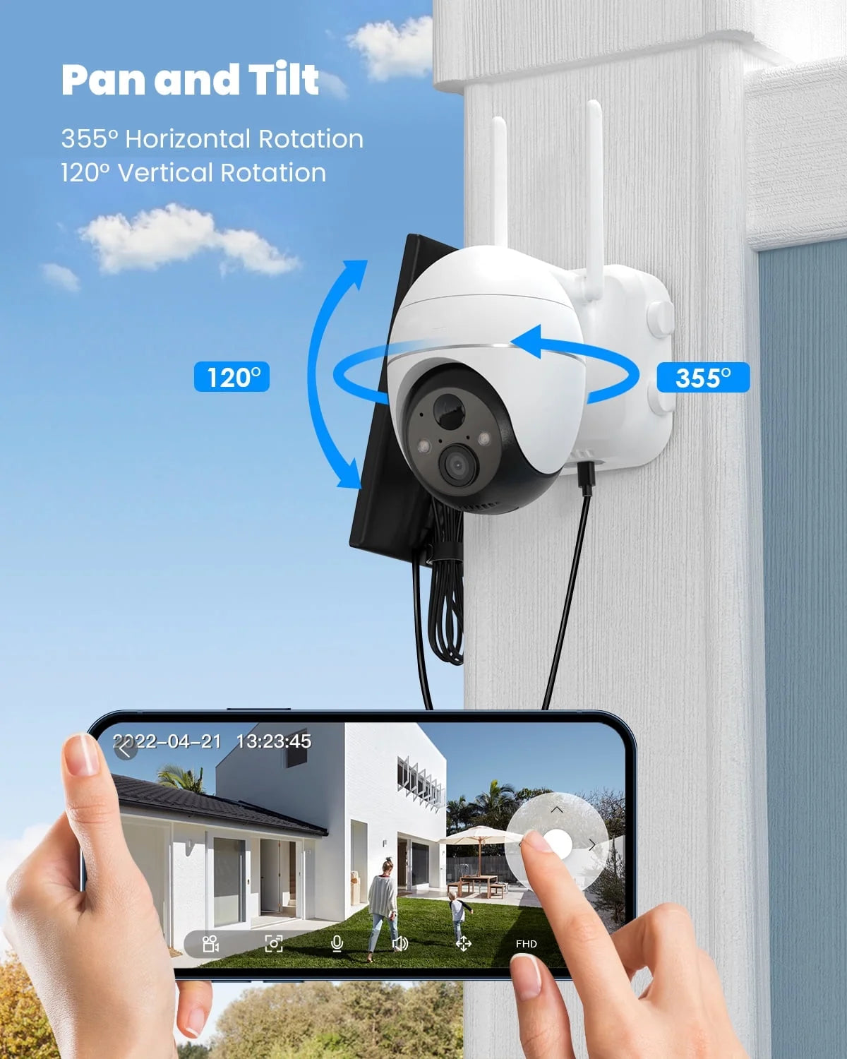 360° View PTZ Solar Security Cameras Wireless Wifi Outdoor, Spotlight 2K/3MP, Color Night Vision, PIR Motion Detection, Solar Outdoor Home Surveillance Camera, Work with Alexa