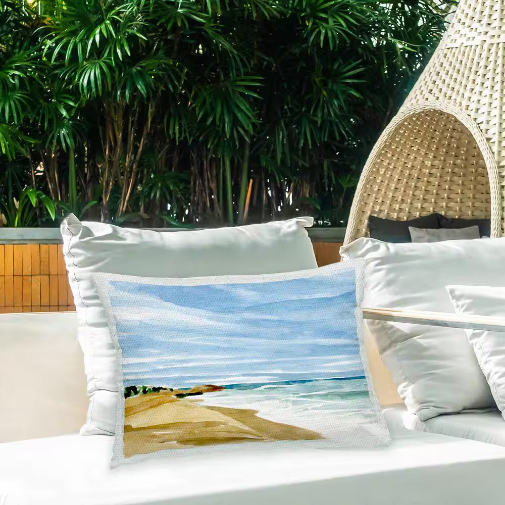 Modern Beach Landscape Blue Rectangular Outdoor Throw Pillow