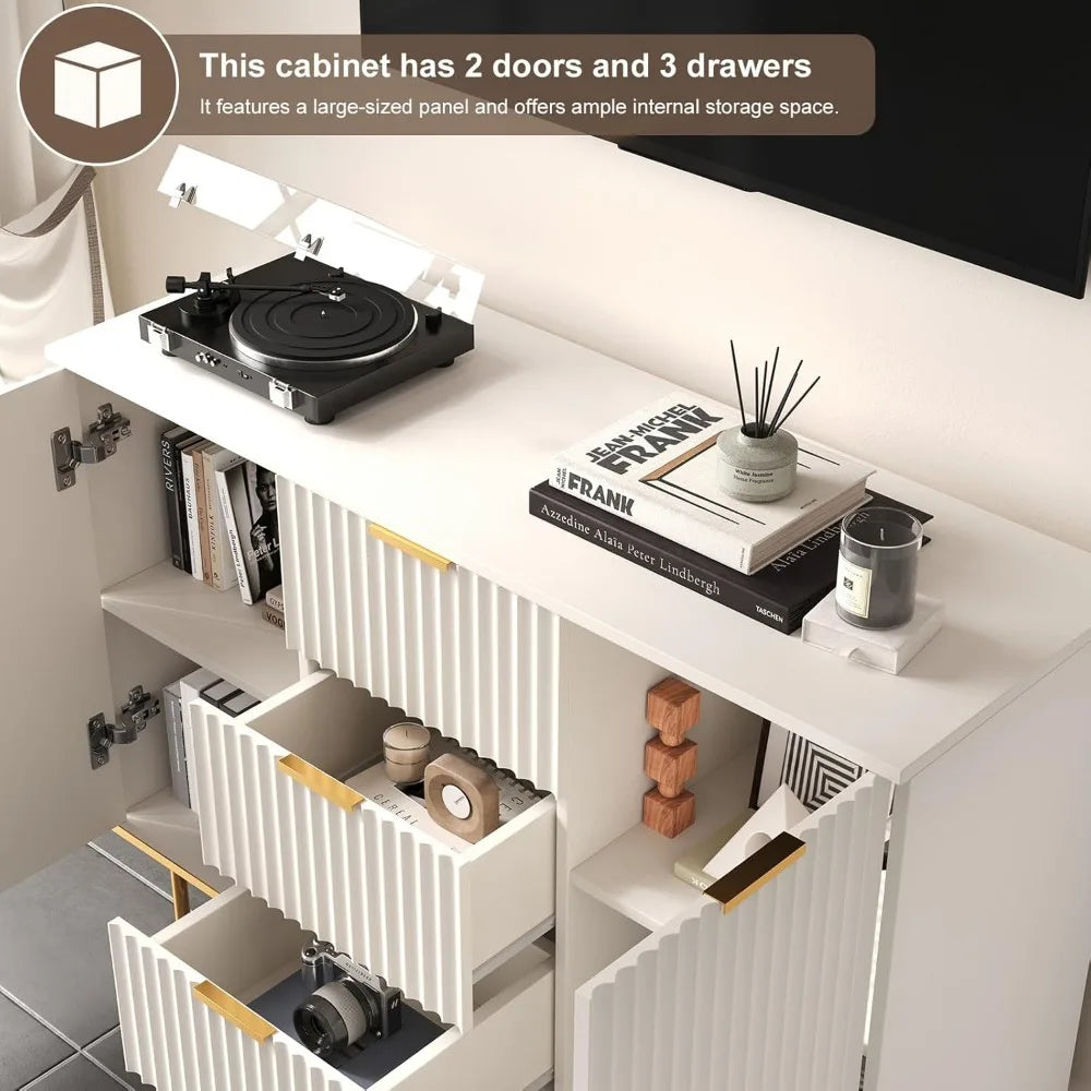 Modern Sideboard Cabinet with Fluted Doors, Gold Legs and Handle - Buffets & Sideboards for Elegant Living Spaces - 2-Door 3 Dra