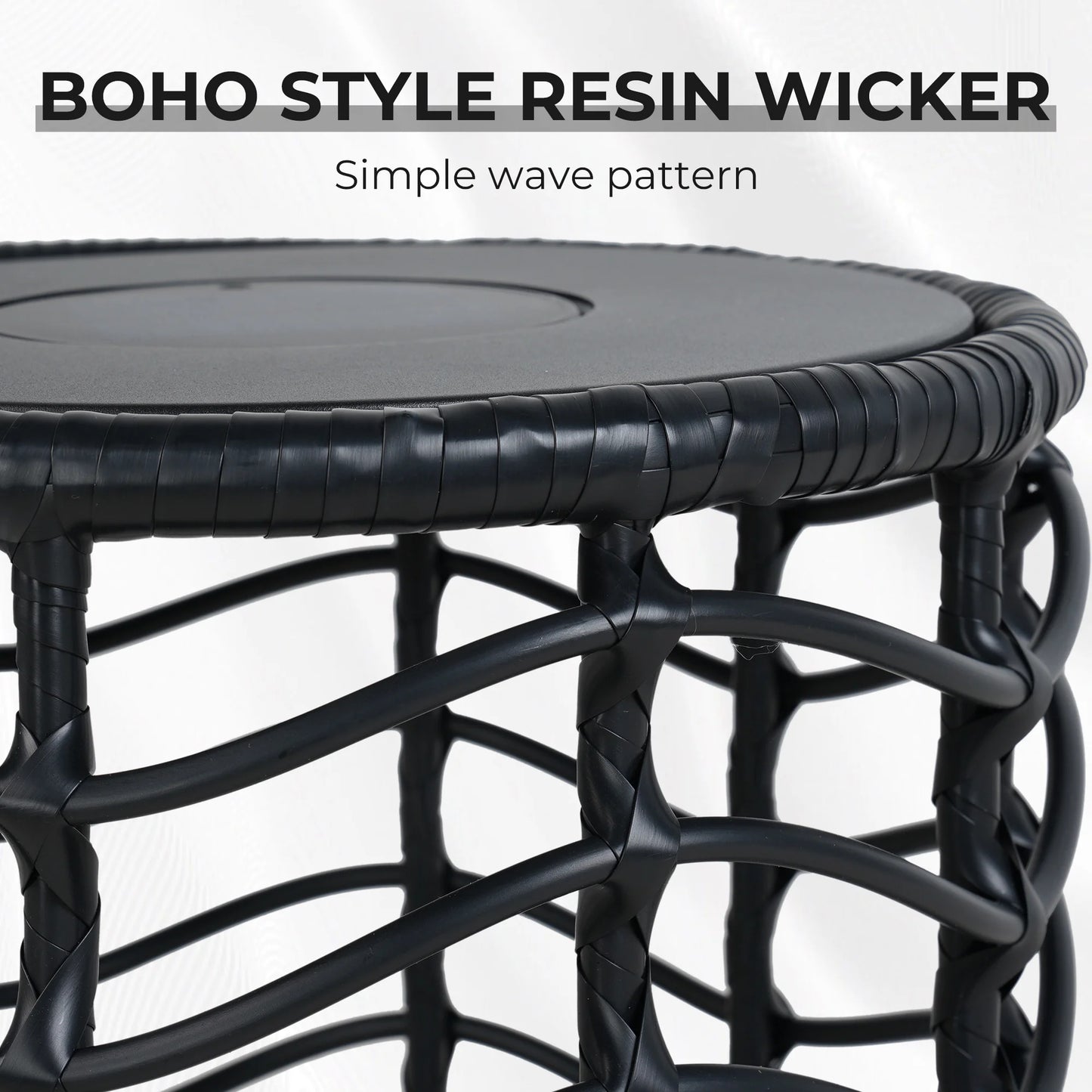 Outdoor Modern Boho Style Wave Wicker End Tables,Built-In Solar Lights, Black (Set of 2)