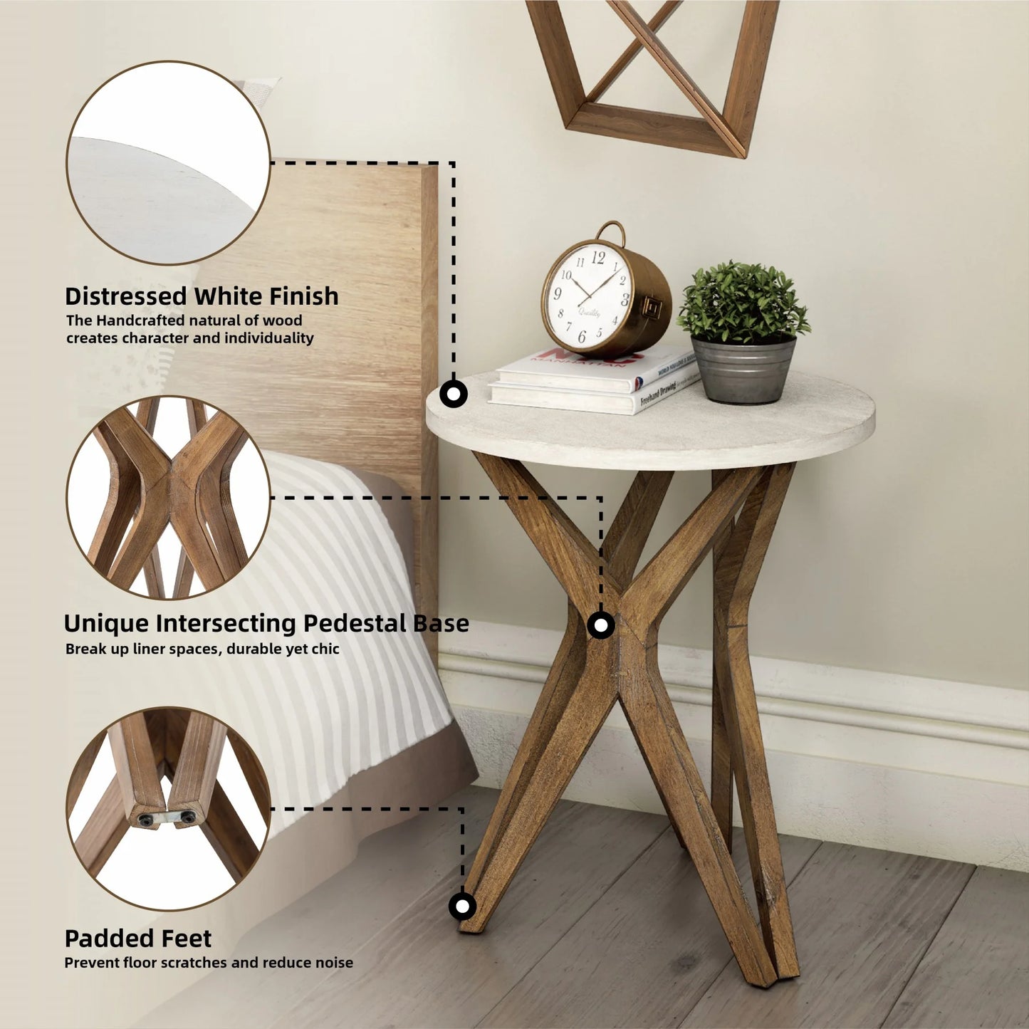 Pedestal Farmhouse End Table, Distressed White Top with Tripod Base for Modern Farmhouse, Boho Decor, Round