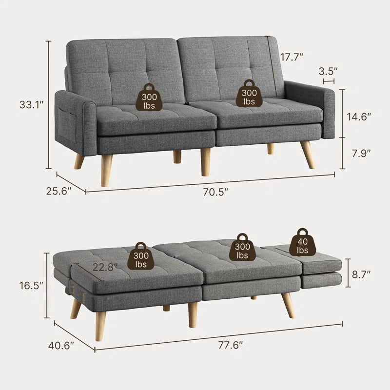 Nazeer 70.9" Futon Loveseat Sofa, Reclining Linen Sofa Bed