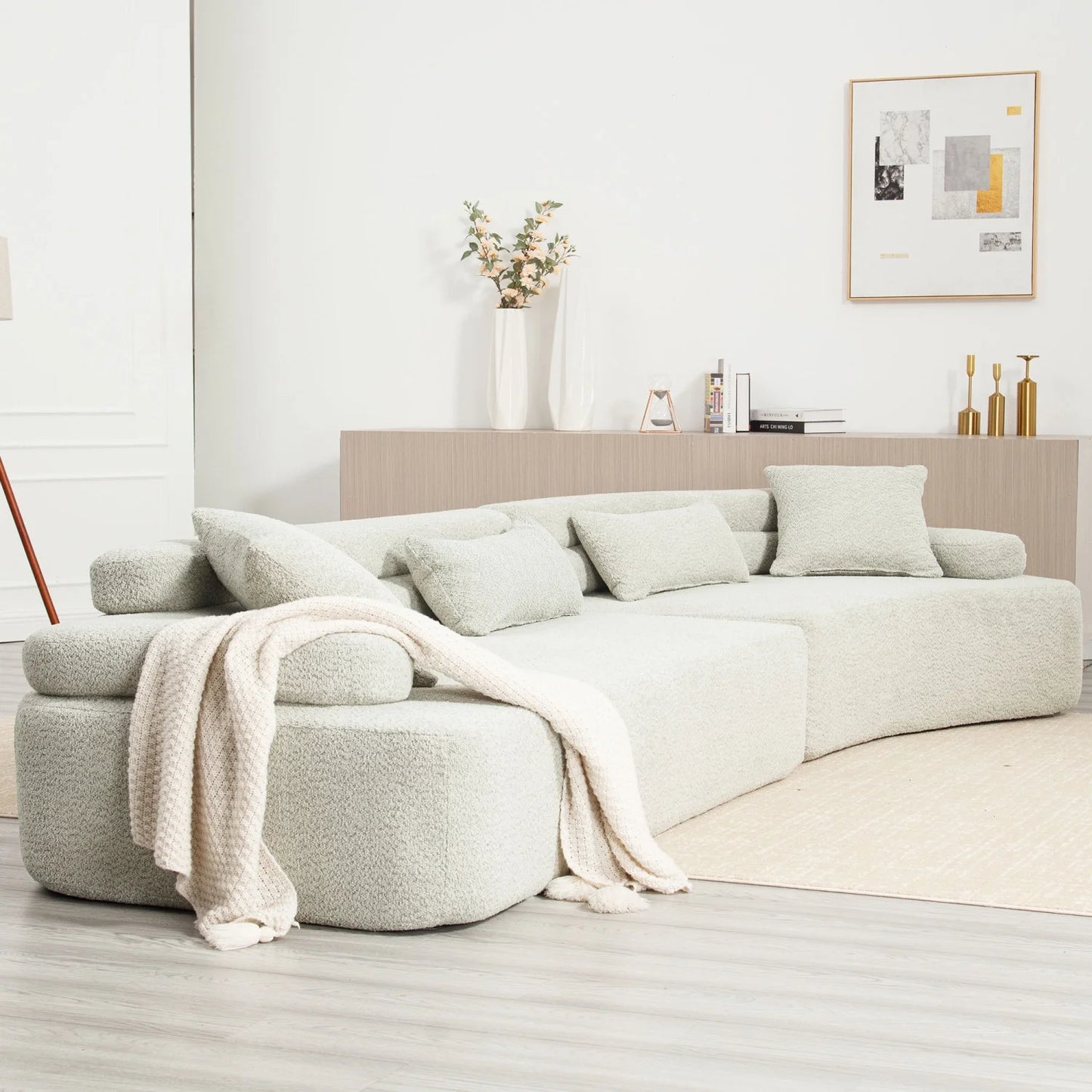 139" Modular Sectional Sofa Couch, Comfy Boucle Upholstered Deep Seat Cloud Couch with Convertible Chaise, Modern Minimalist Sleeper Sofa Set for Living Room, Office, Green