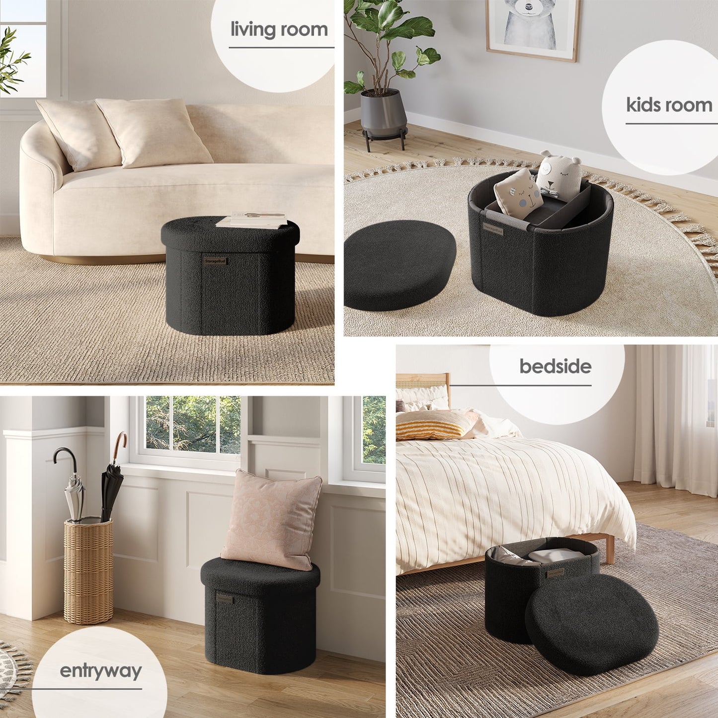 Oval Storage Ottoman Bench, Boucle 16" Ottoman with Storage , Black