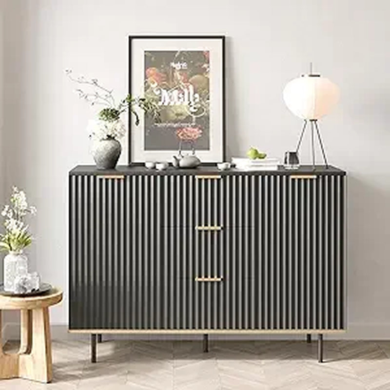 Modern Sideboard Cabinet with Fluted Doors, Gold Legs and Handle - Buffets & Sideboards for Elegant Living Spaces - 2-Door 3 Dra