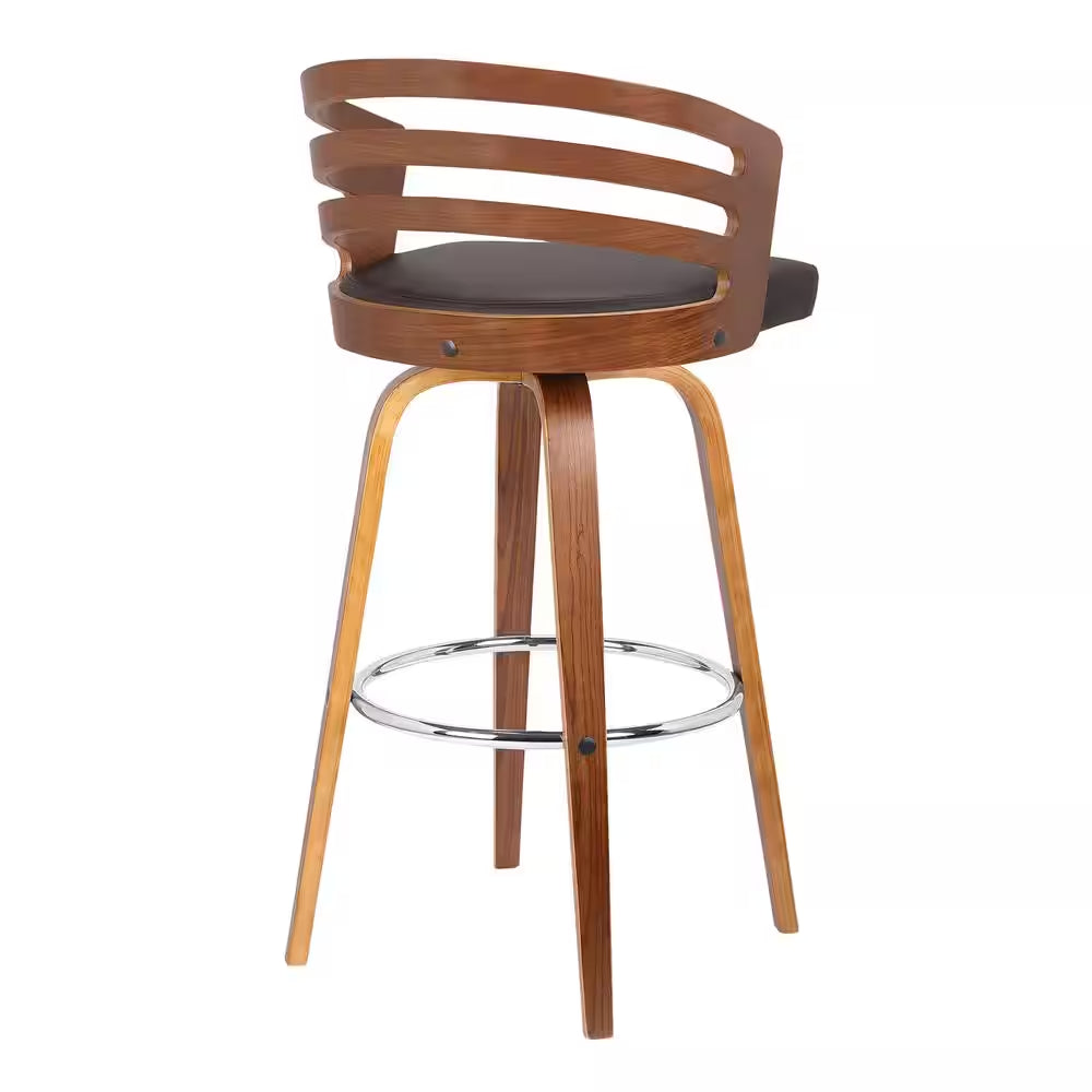 Jayden 26 In. Brown Faux Leather with Walnut Veneer Mid-Century Swivel Counter Height Bar Stool
