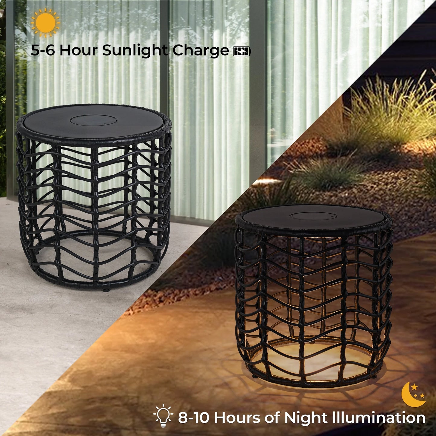 Outdoor Modern Boho Style Wave Wicker End Tables,Built-In Solar Lights, Black (Set of 2)
