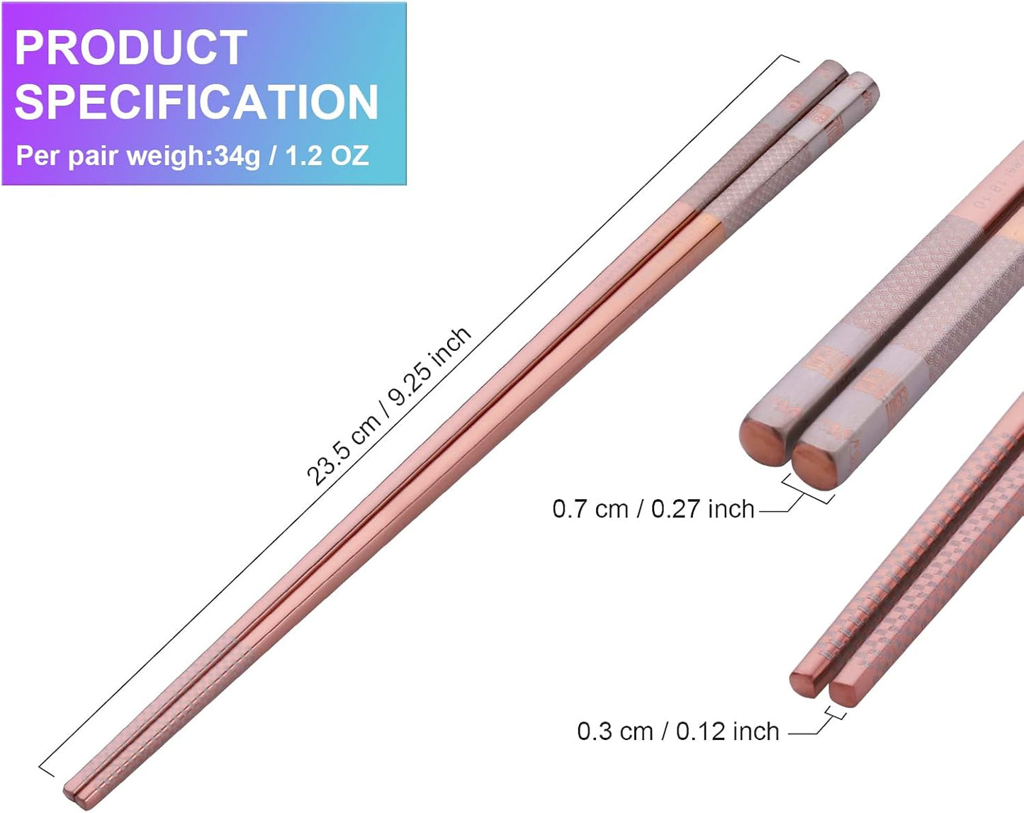 5 Pairs Reusable 18/10 Stainless Steel Metal Chopsticks Dishwasher Safe, Square Lightweight Non-Slip 9.25 Inches Chop Sticks for Ramen, Sushi, Bento Box, Gift Set, Rose Gold