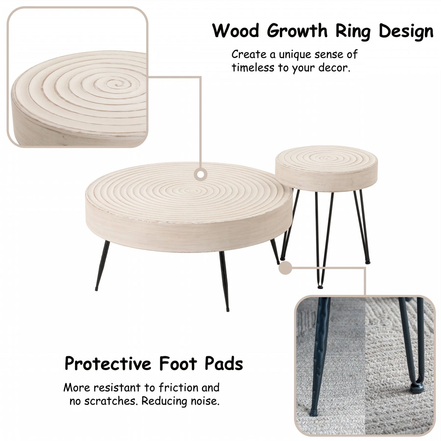 Rustic Handmade Ring Pattern MDF and Metal Coffee Table, White
