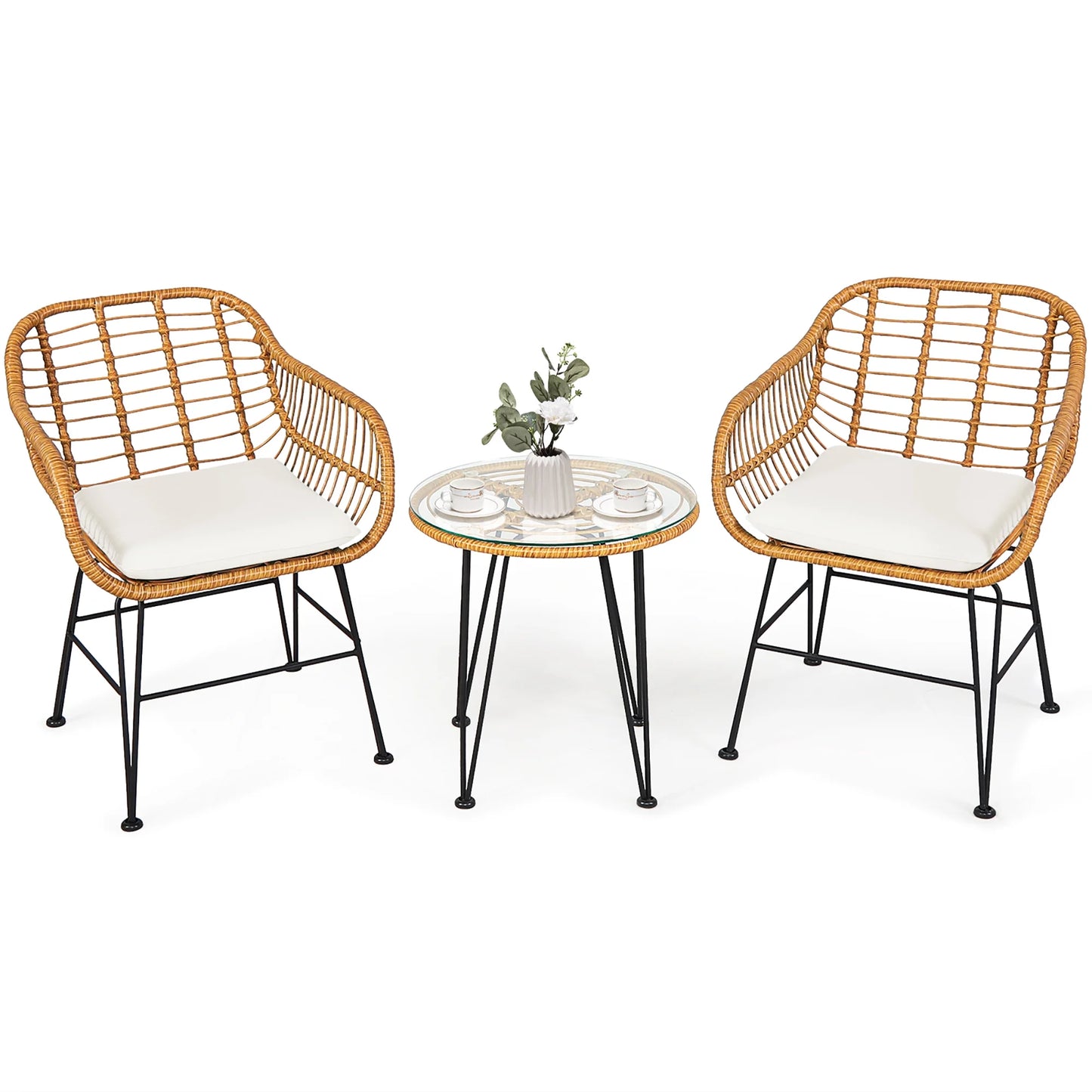 3PCS Patio Rattan Bistro Furniture Set Cushioned Chair Table White