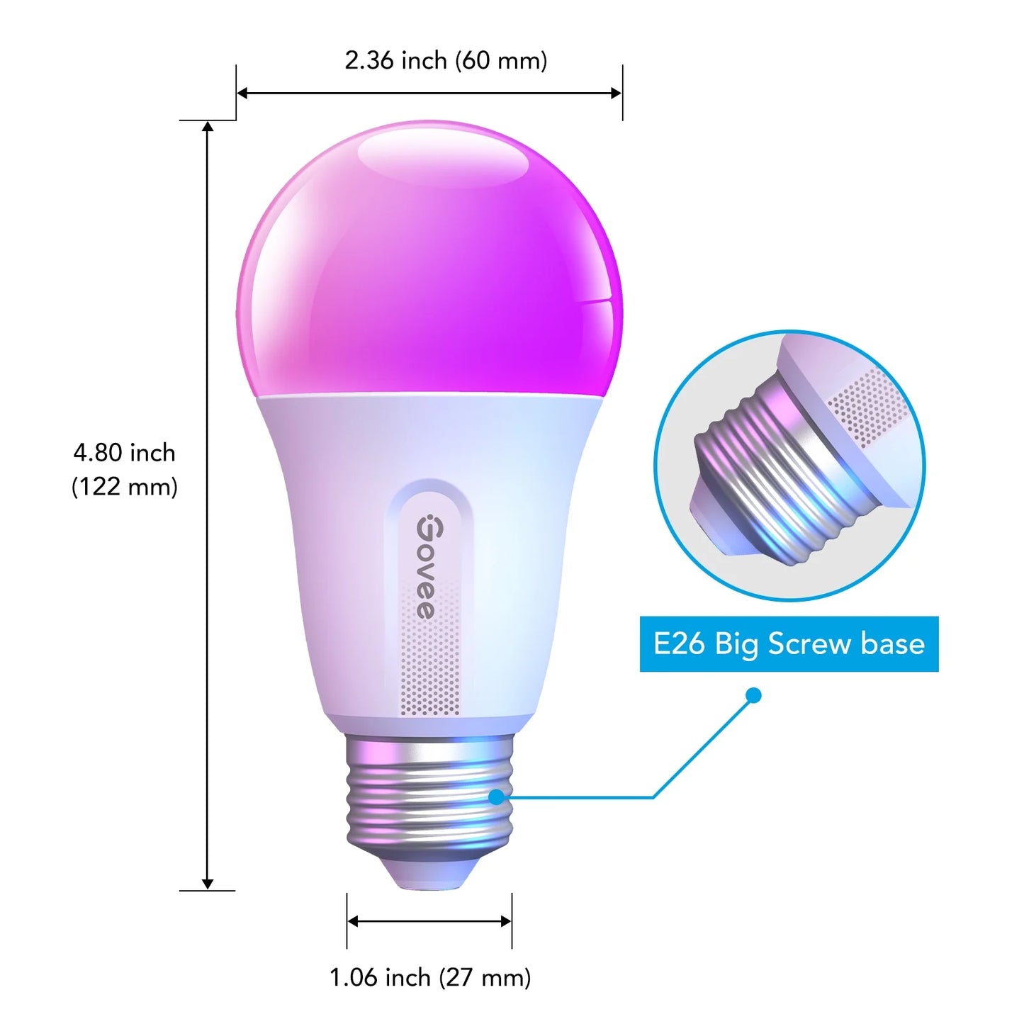 Smart LED Bulbs A19 800LM, 9W RGBWW Color-Changing Light Bulbs, E26 Base, 2-Pack, Wifi + Bluetooth