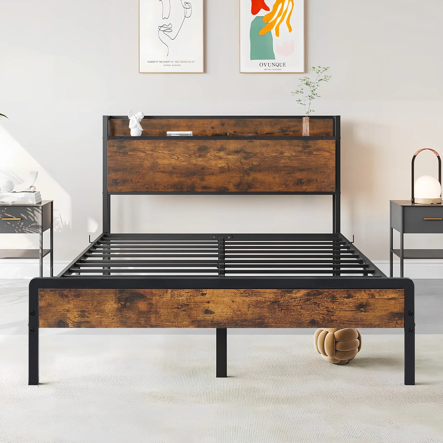 Full Size Bed Frame with Storage Headboard, Metal Bed Frame with Plug Outlets, USB, Brown