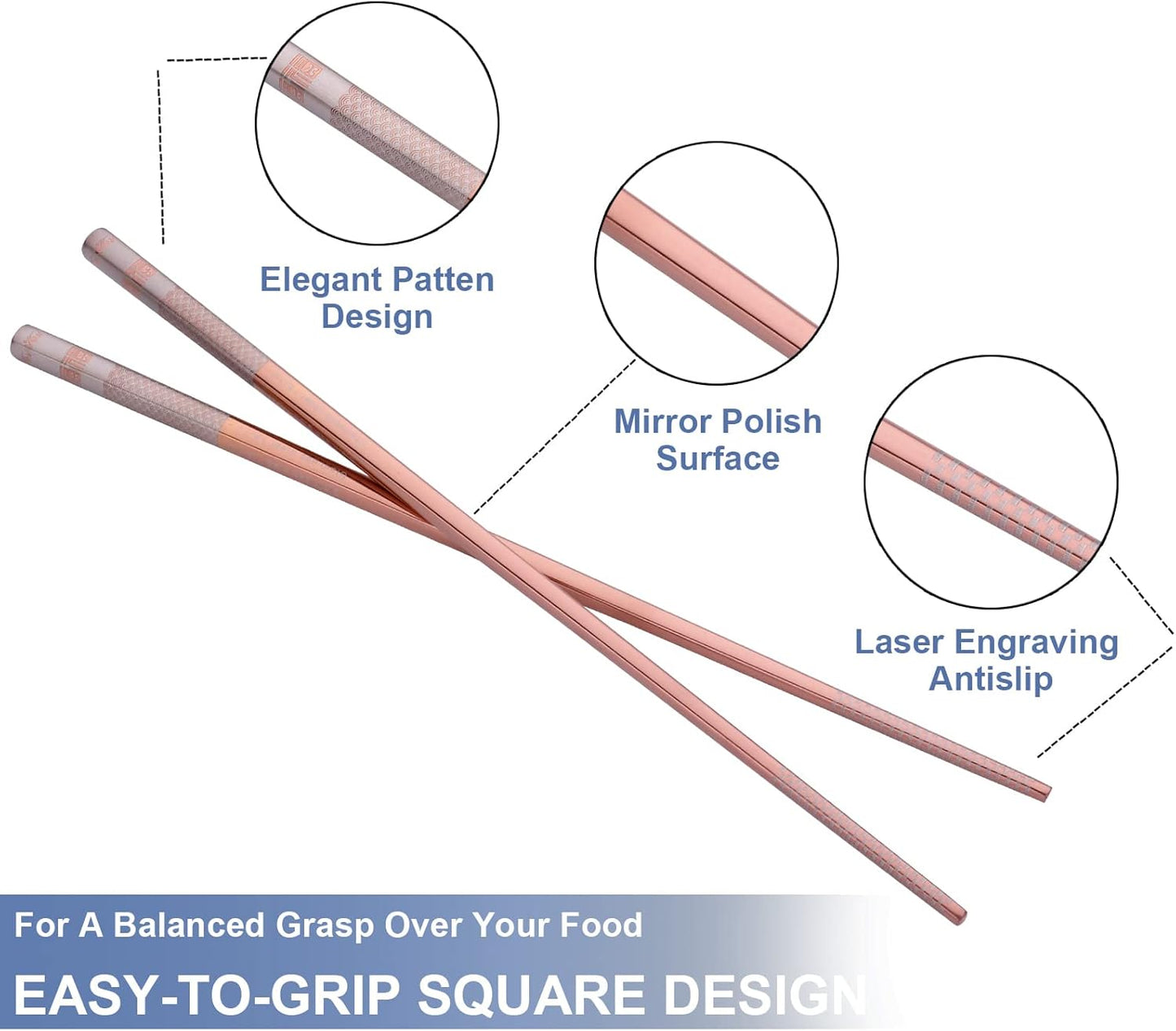 5 Pairs Reusable 18/10 Stainless Steel Metal Chopsticks Dishwasher Safe, Square Lightweight Non-Slip 9.25 Inches Chop Sticks for Ramen, Sushi, Bento Box, Gift Set, Rose Gold