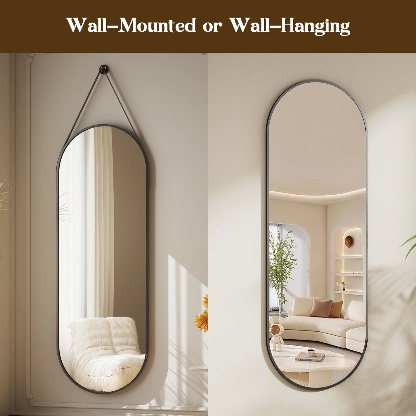 48" X 16" Full Length Mirror Oval Hanging Wall Mirror with Leather Strap,Black