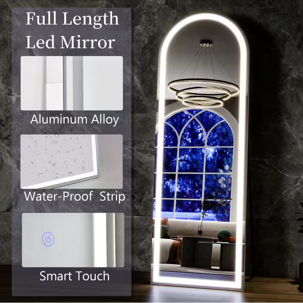 20 In. W X 63 In. H LED Light Arched White Aluminum Alloy Framed Rounded Full Length Mirror Floor Mirror