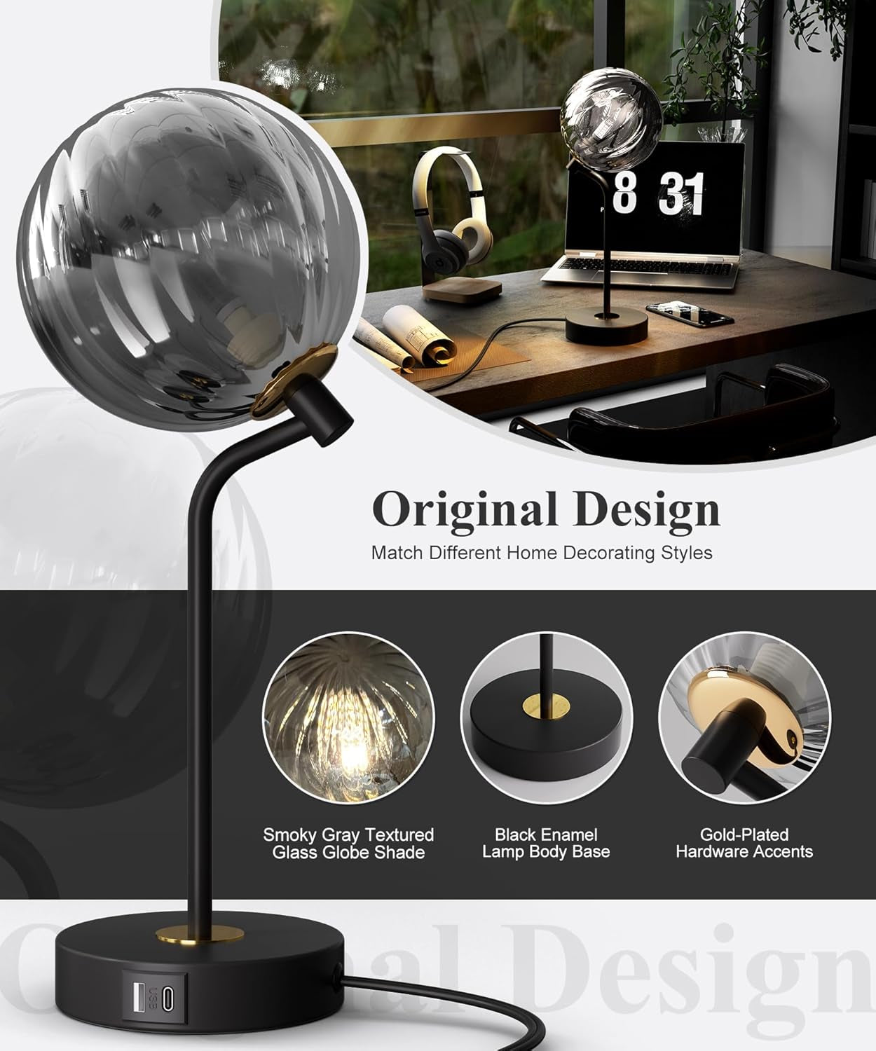 M14-2 Mid Century Modern Table Lamp - Vintage Minimalist Night Stand Lamp with 3