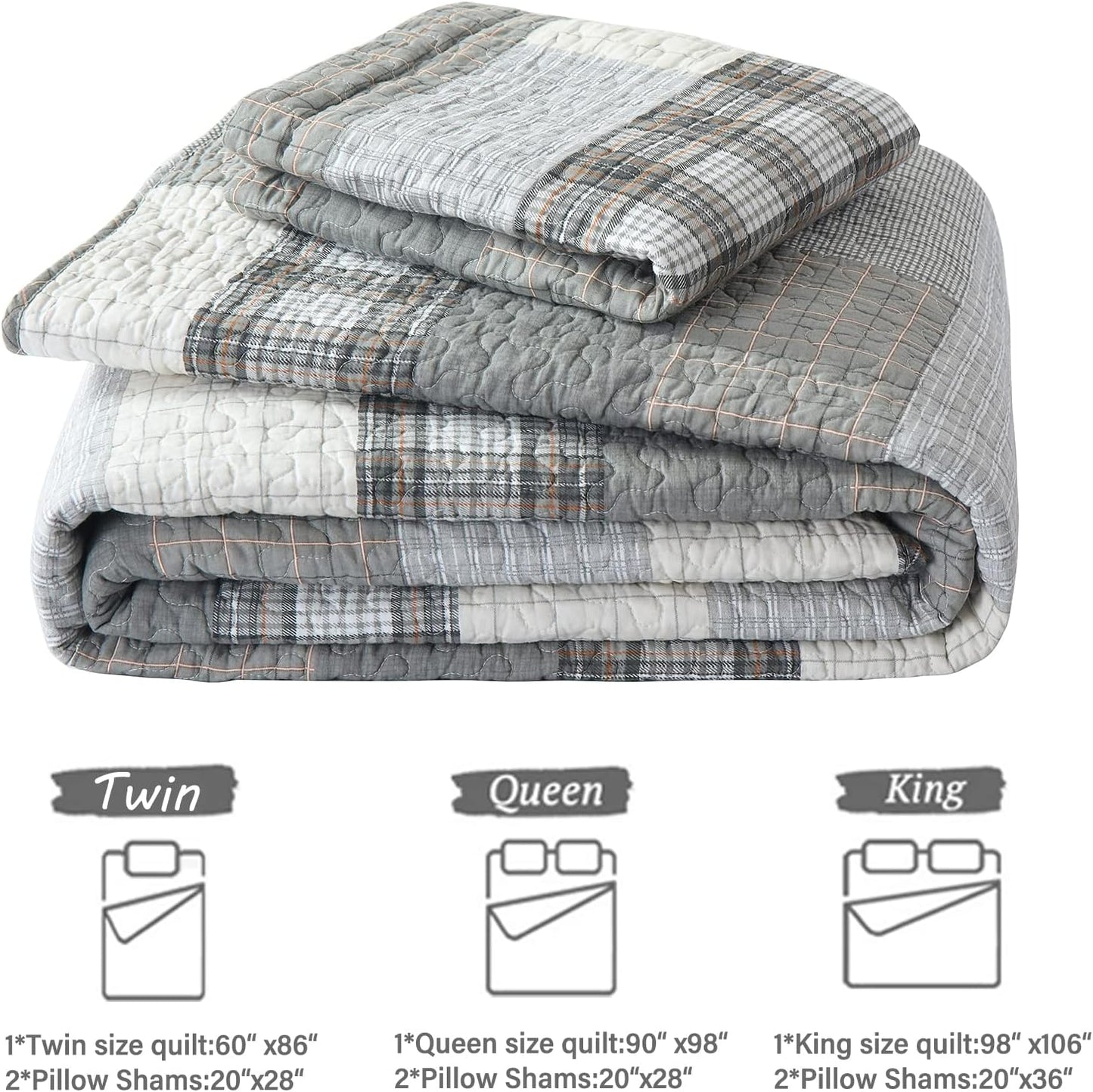 Quilt King Size - 100% Cotton Grey King Quilt Farmhouse Plaid Quilted Bedspread, 3 Pieces Lightweight Reversible King Size Quilt Bedding Set for All Season